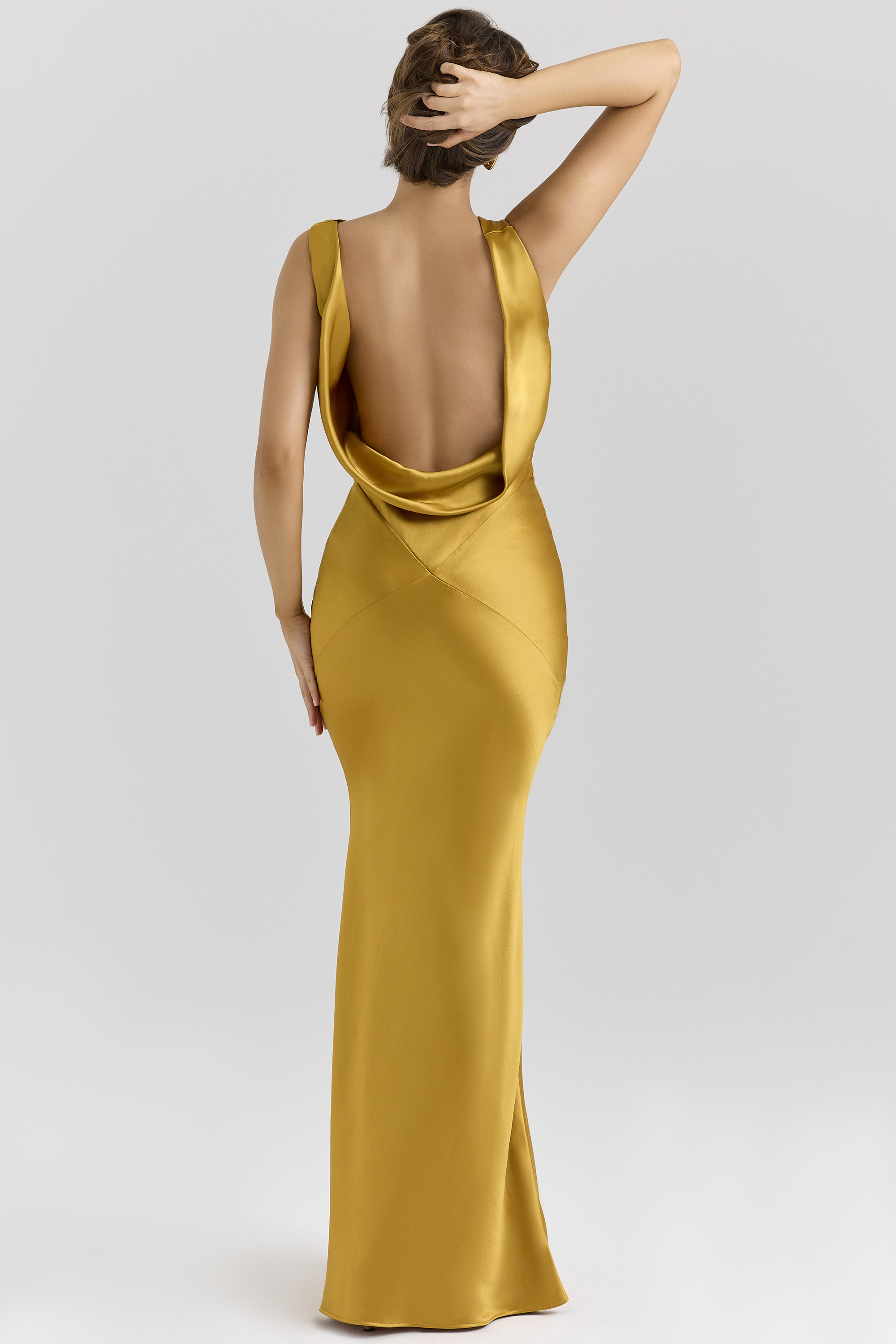 Safaira Amber Satin Draped Cowl Neck Maxi Dress
