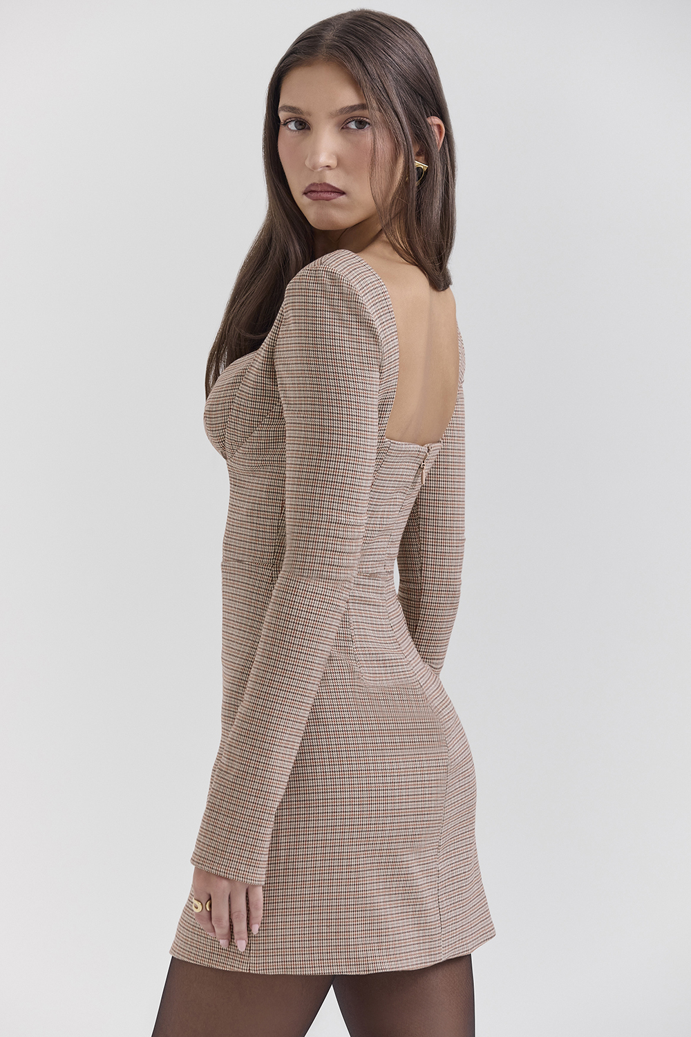 Angelie Brown Puppytooth Check Plunge Mini Dress - SALE