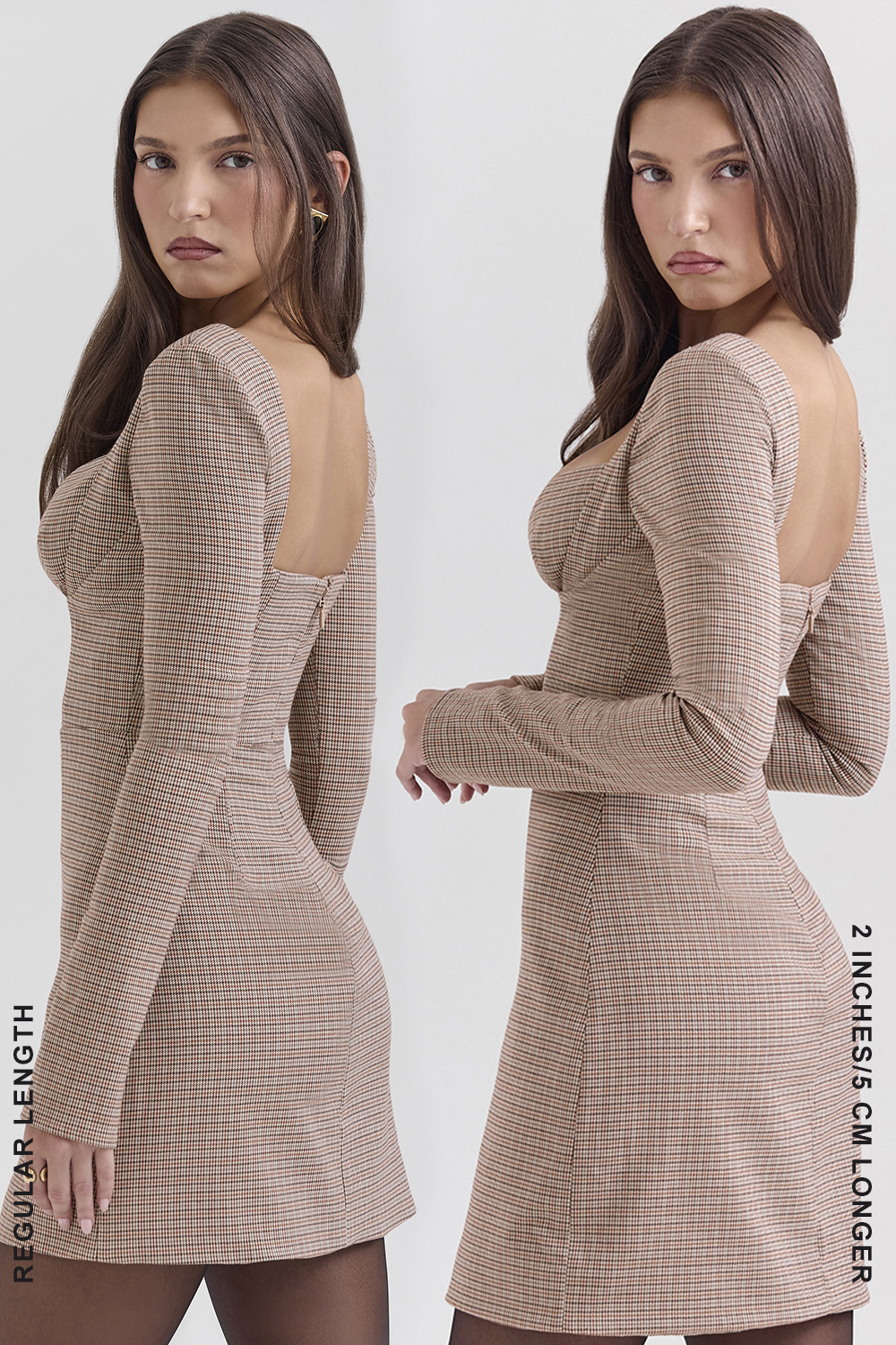 Angelie Brown Puppytooth Check Plunge Mini Dress - SALE