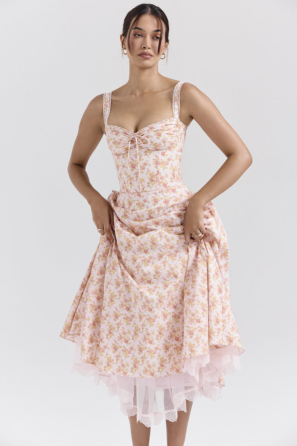 Rosalee Peach Poppy Print Cotton Bustier Sundress