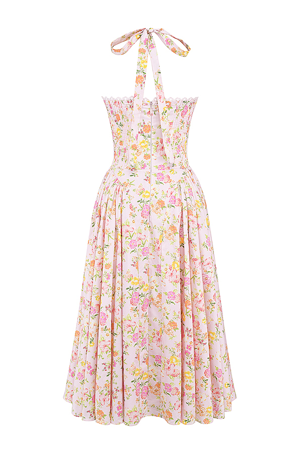 Adabella Pink Meadow Print Cotton Halter Midi Sundress