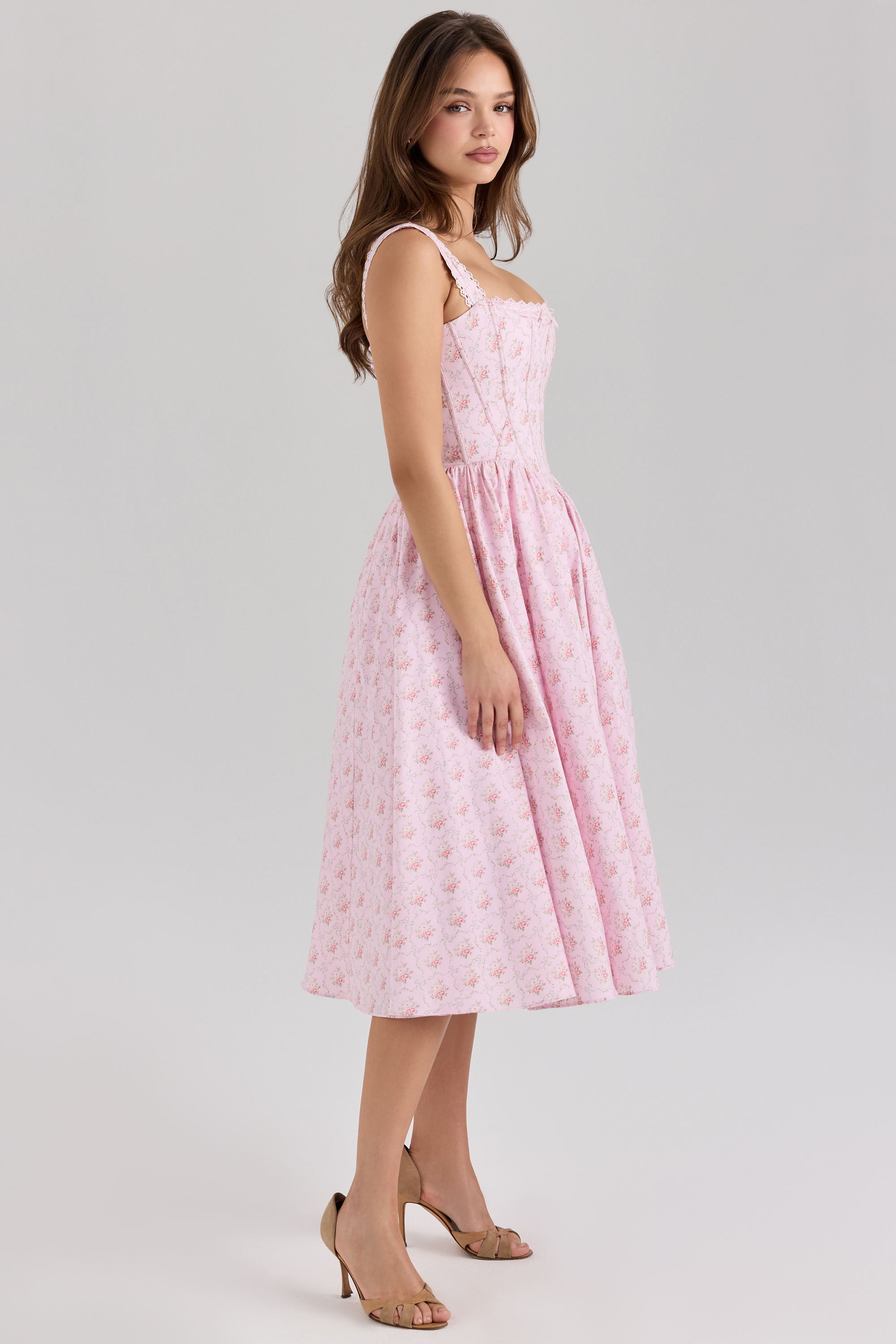 Amara Pink Rose Print Stretch Cotton Corset Midi Dress