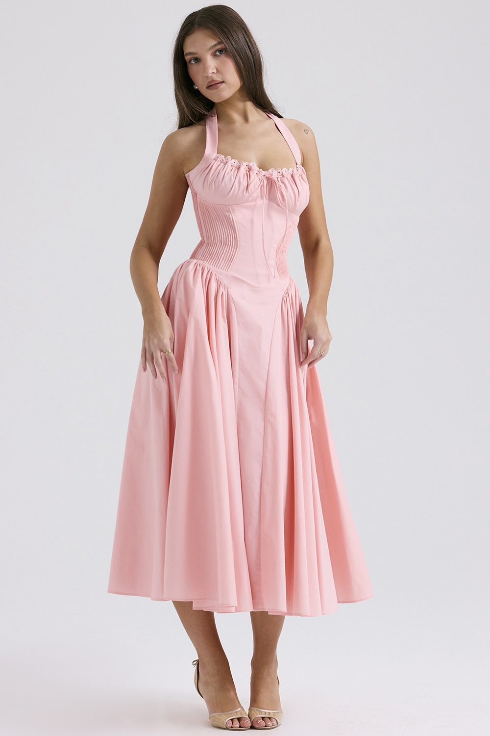 Adabella Rose Pink Cotton Halter Midi Sundress