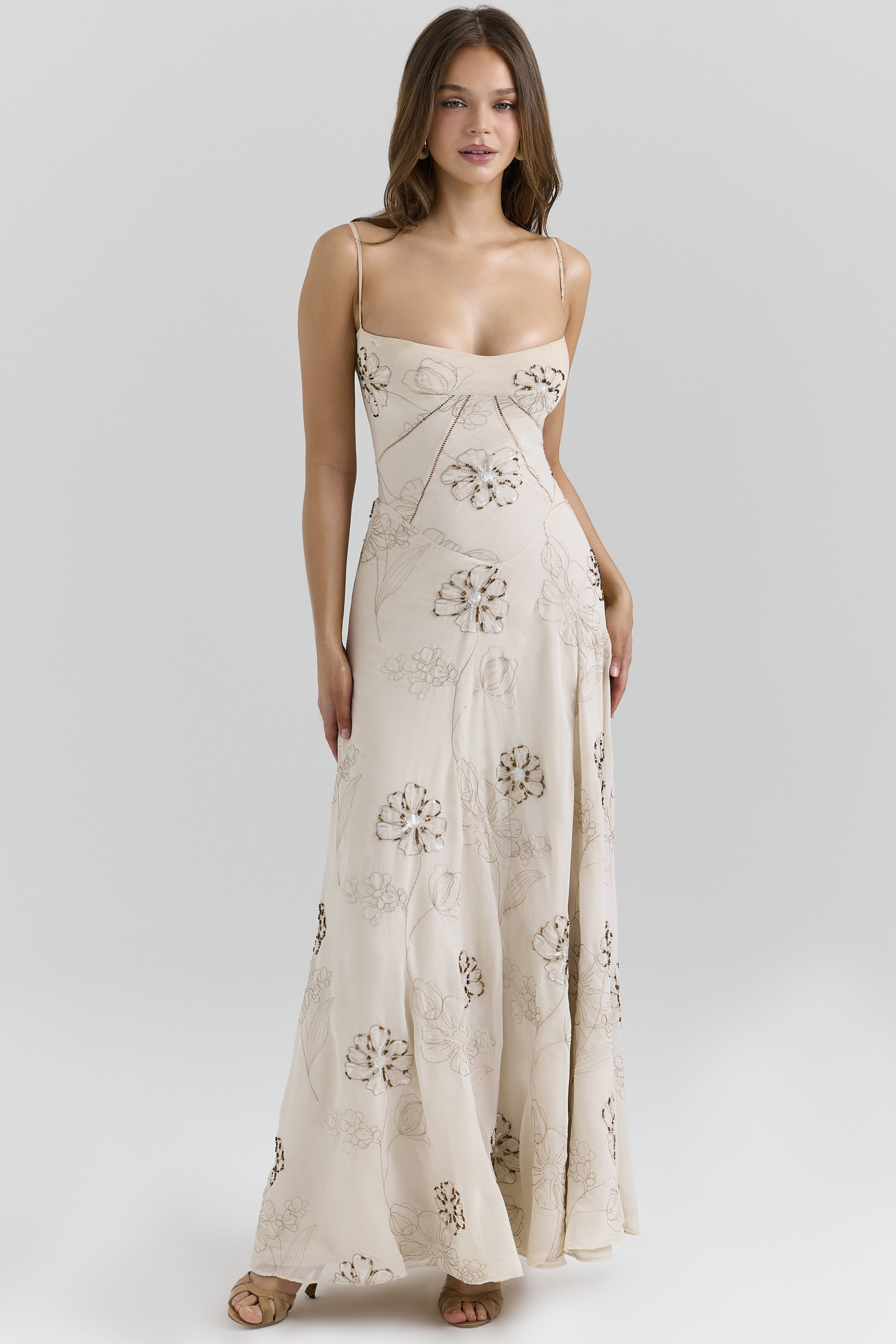Seren Vanilla Embroidered Hand Beaded Floral Maxi Dress