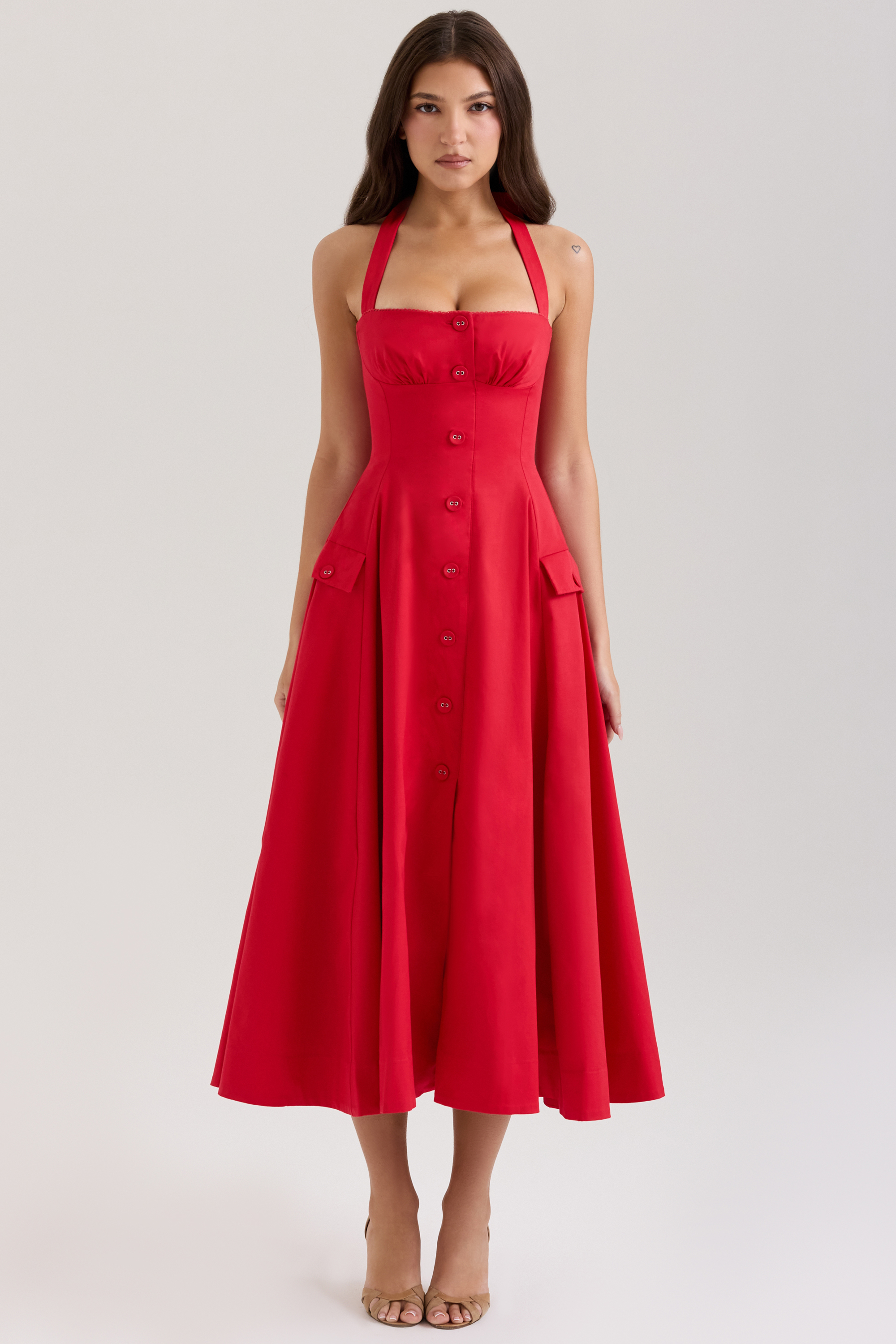 Claudia Red Stretch Cotton Button Halter Neck Midi Dress