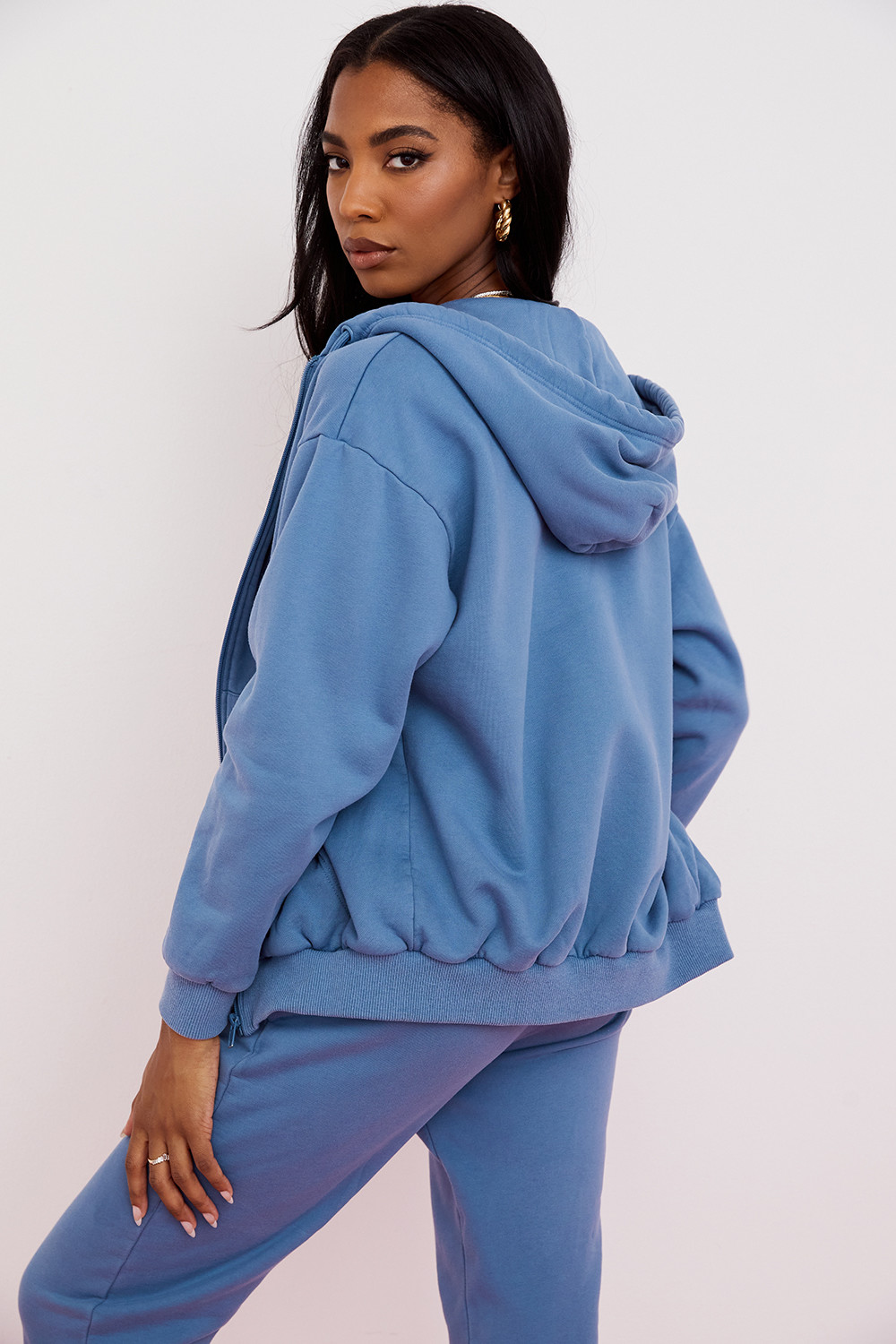 Storm Azure Cotton Fleece-Back Zip Through Hoodie