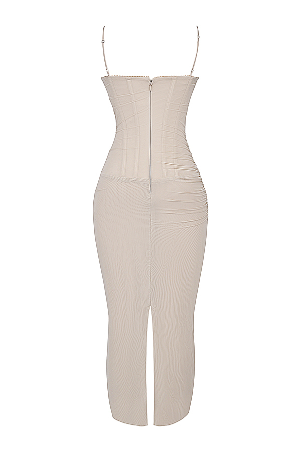 Nalini Sand Stretch Mesh Maxi Dress