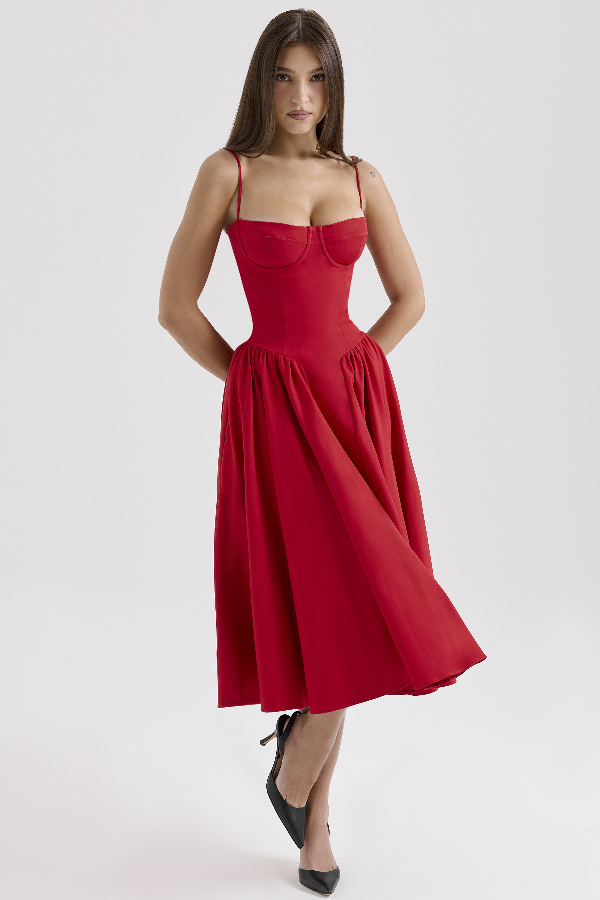Samaria Red Gathered Midi Dress