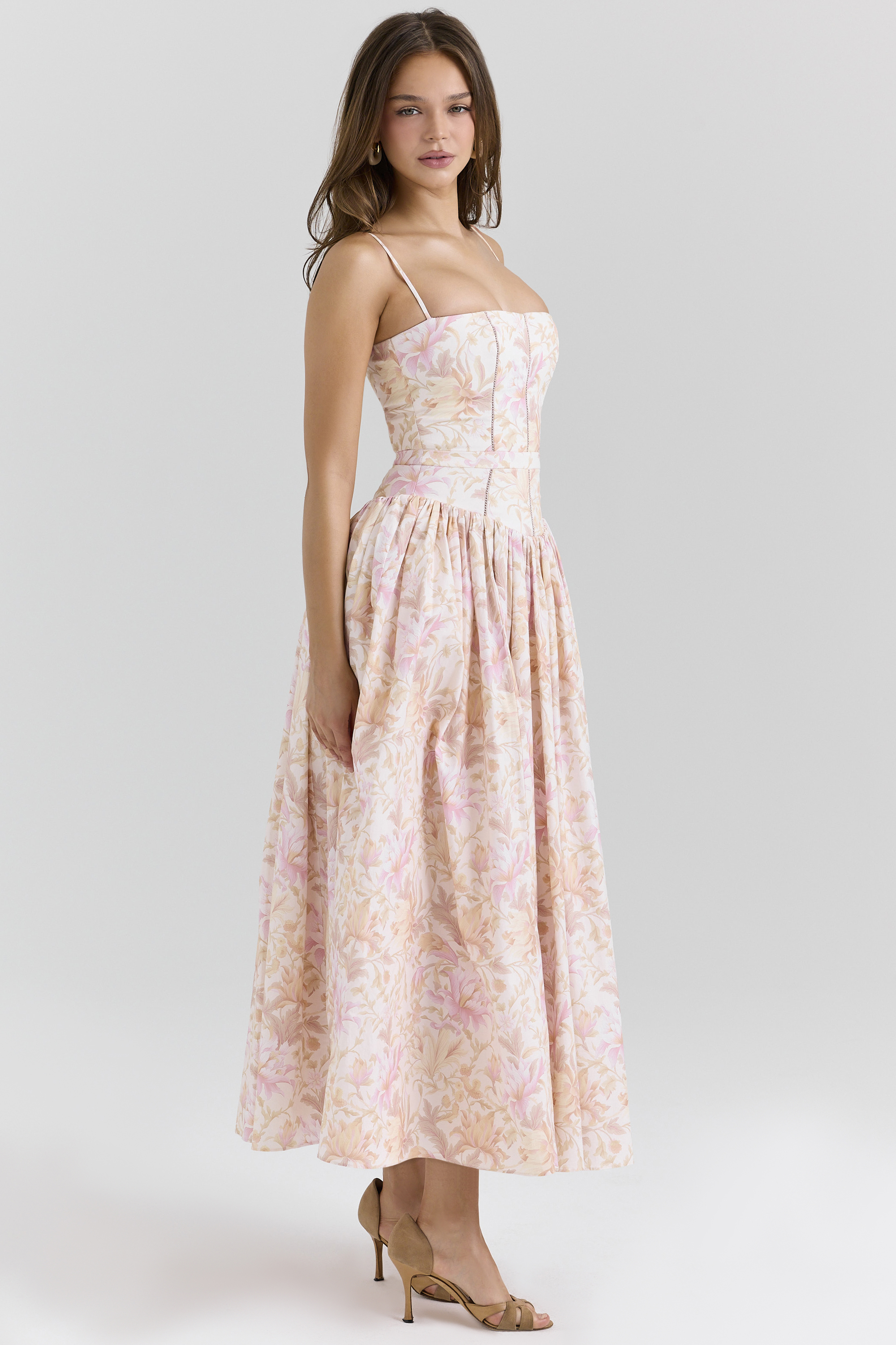 Ysabella Peach Floral Print Stretch Cotton Midi Sundress