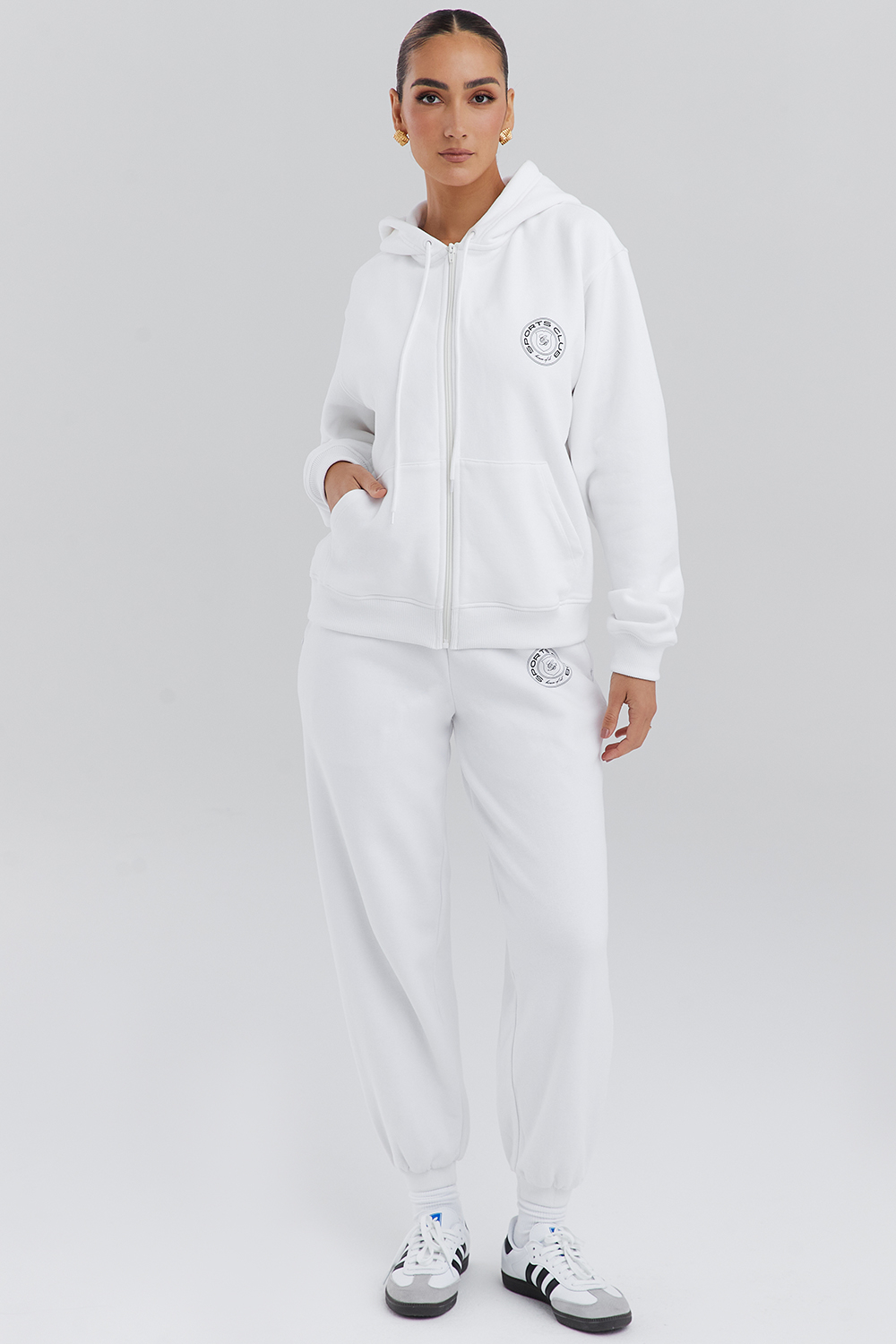 Mirage White Cotton Fleece-Back Zip Through Hoodie