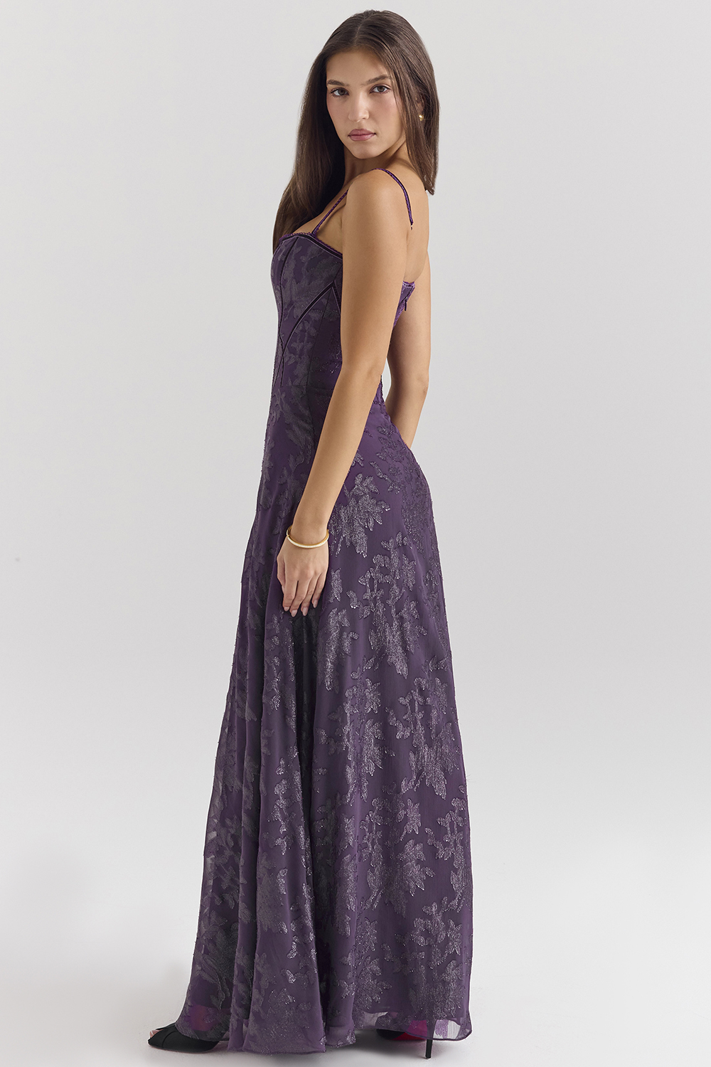 Esme Grape Lurex Chiffon Maxi Dress