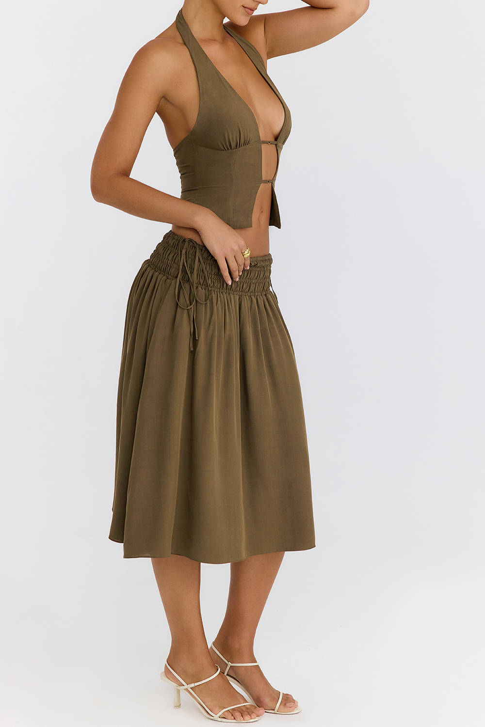 Mistress Rocks Olive Shirred Waist Midi Skirt - SALE