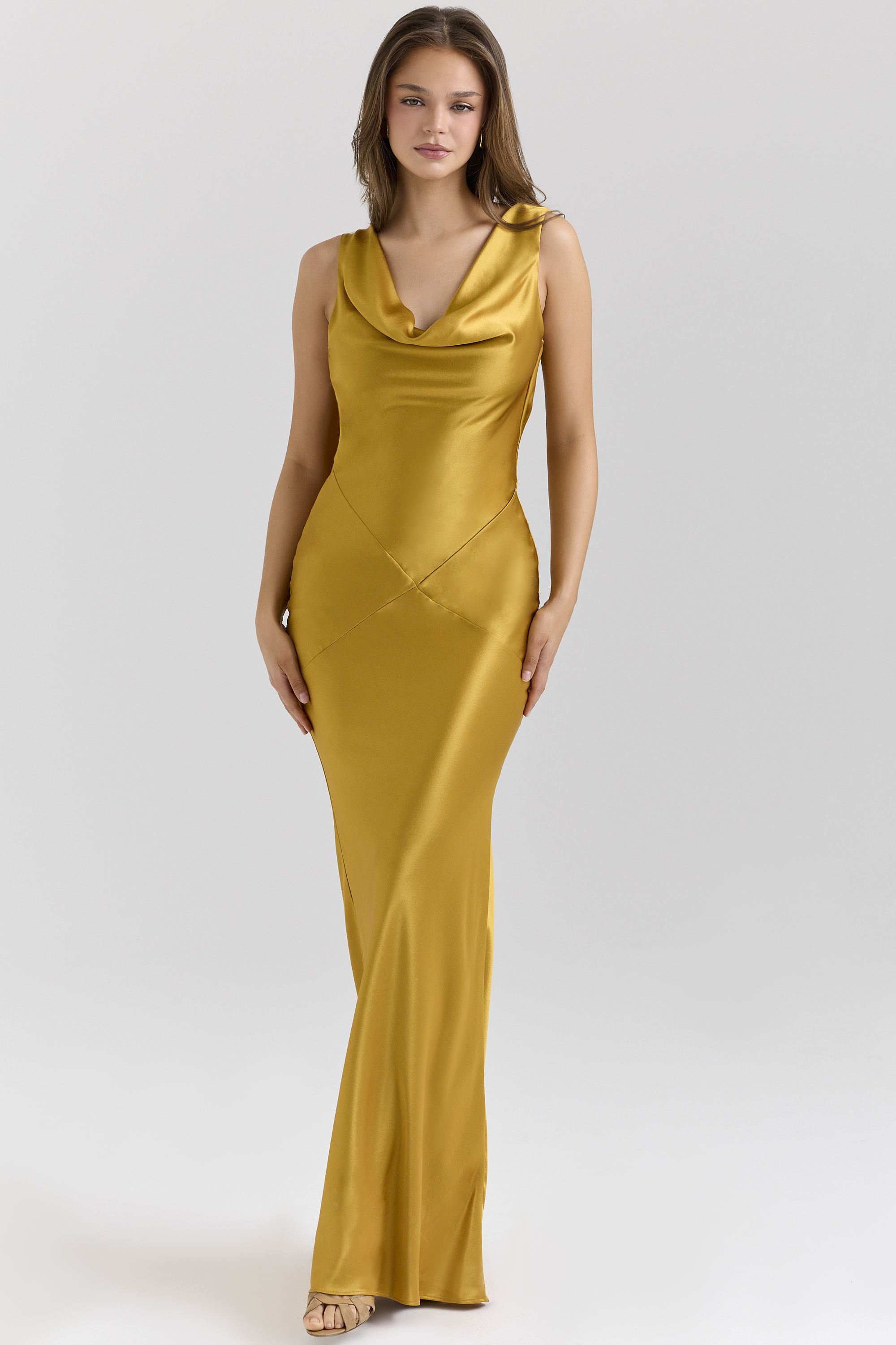 Safaira Amber Satin Draped Cowl Neck Maxi Dress