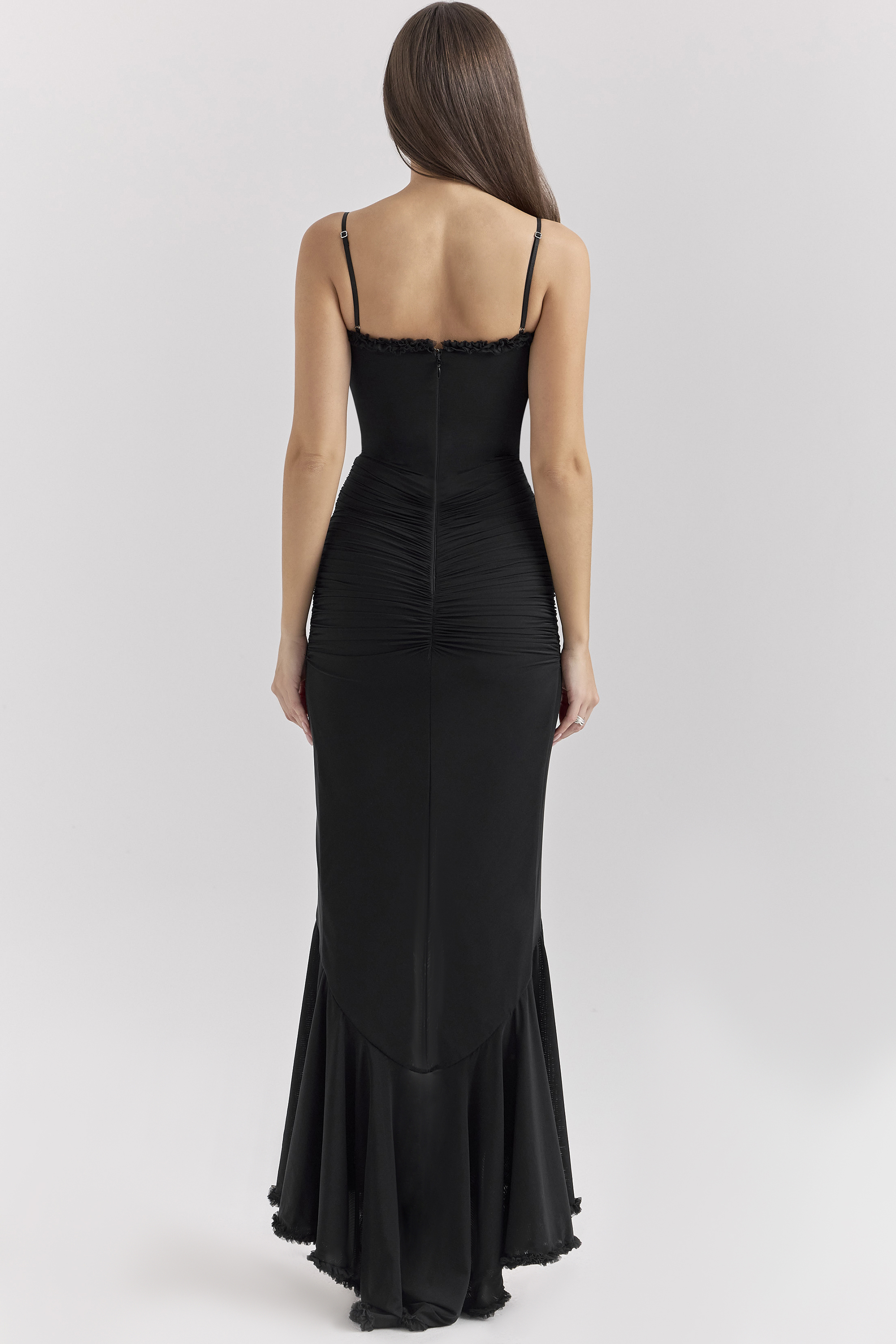 Gabbi Black Mesh Ruffled Front Gown