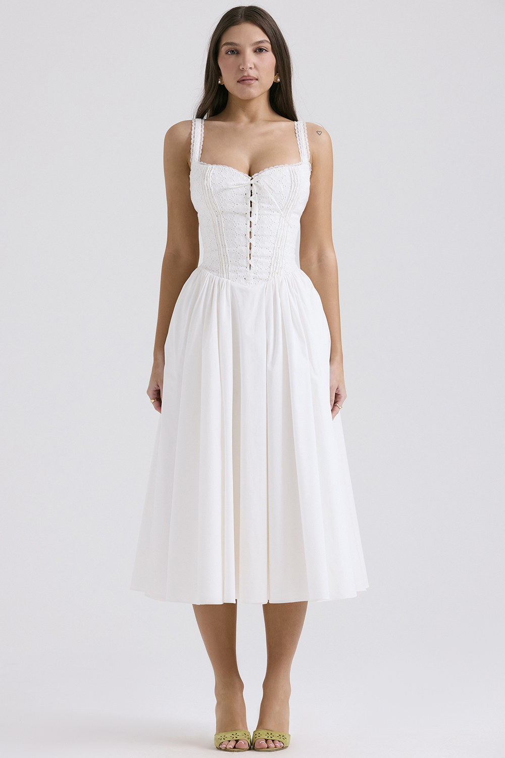 Milia White Broderie Anglais & Cotton Midi Dress