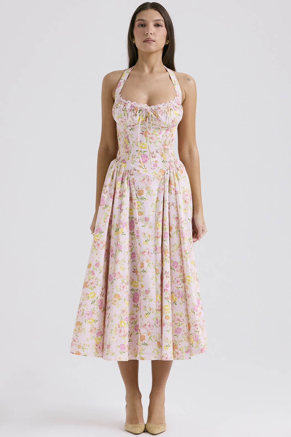 Adabella Pink Meadow Print Cotton Halter Midi Sundress
