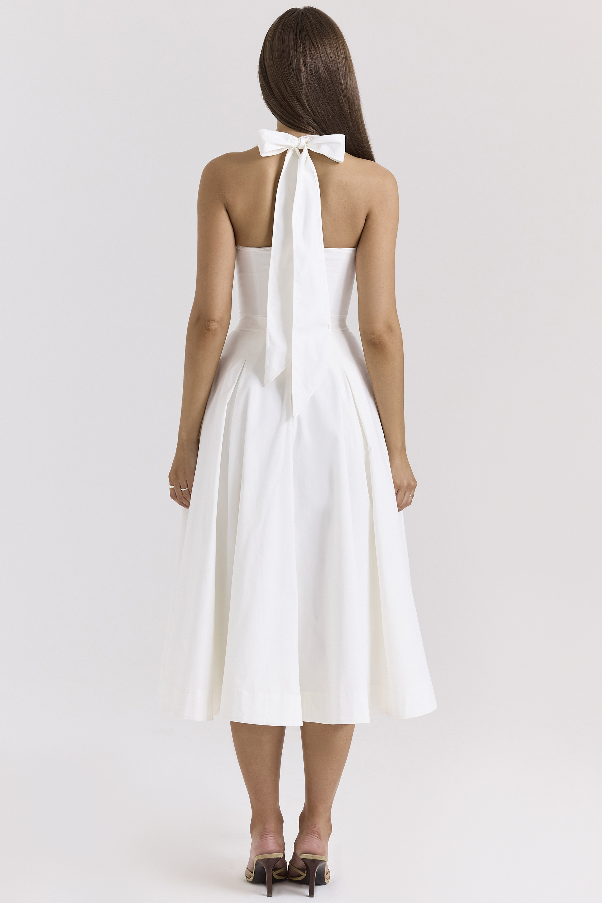 Allena White Stretch Cotton Halter Midi Sundress