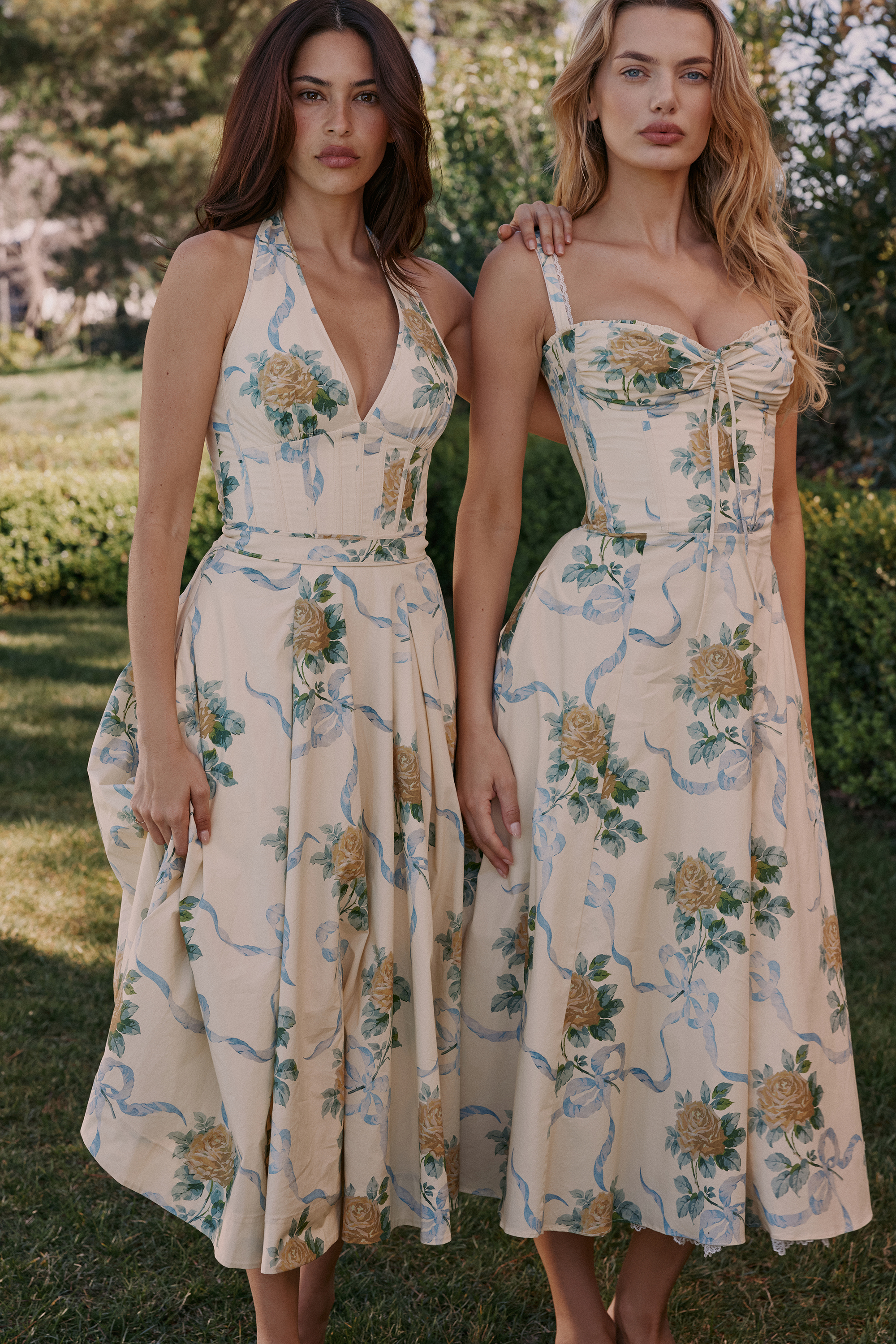 Allena Lemon Ribbon Stretch Cotton Halter Midi Sundress