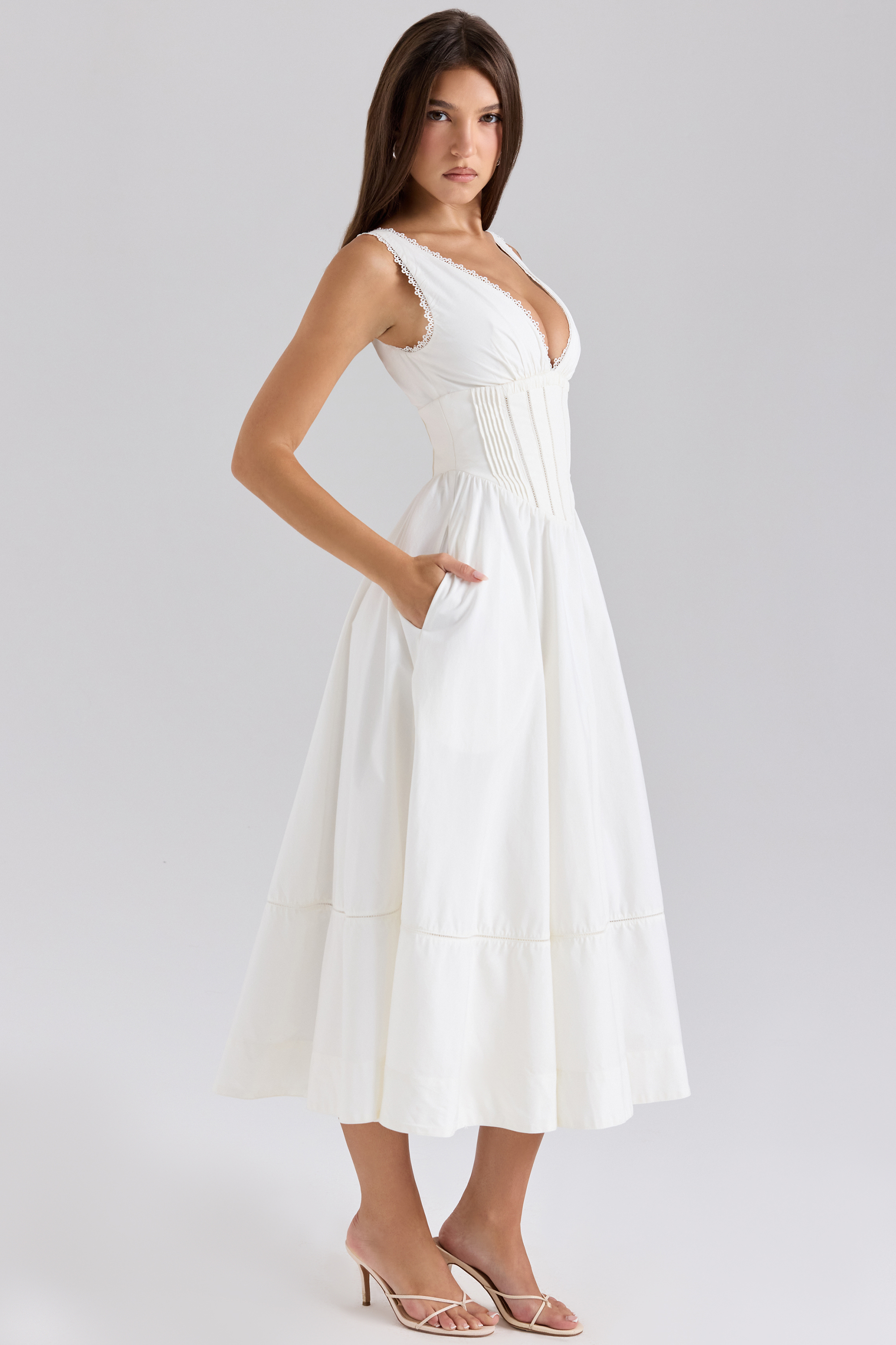 Samia White Stretch Cotton Midi Sundress