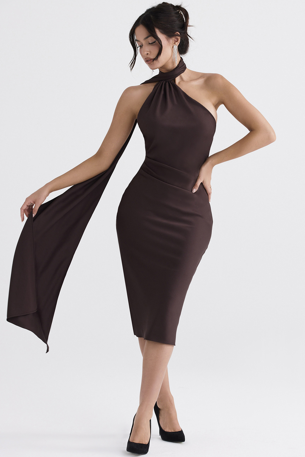 Angelina Chocolate Wrap Neck Midi Dress