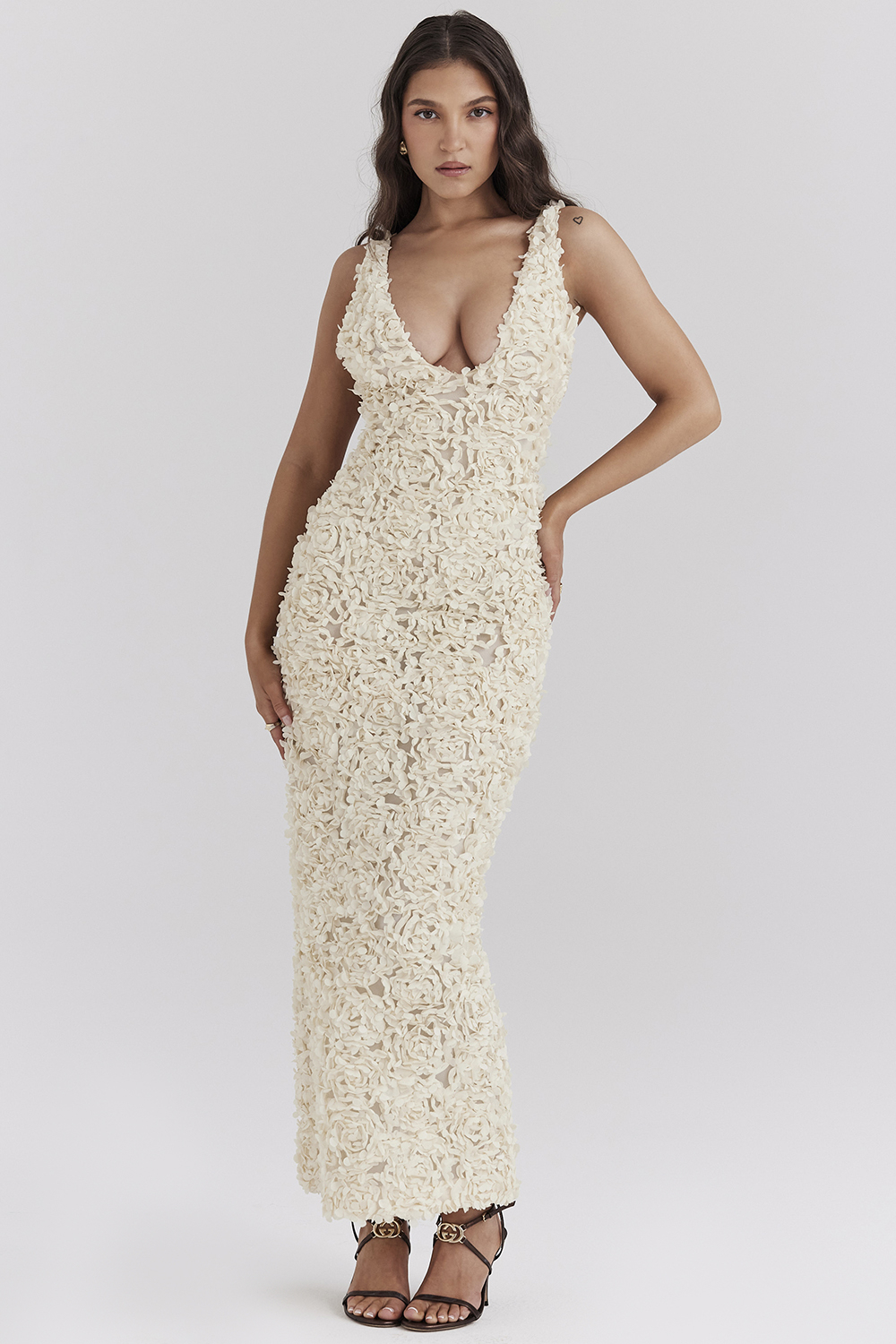 Carena Creme Plunge Floral Appliqué Maxi Dress