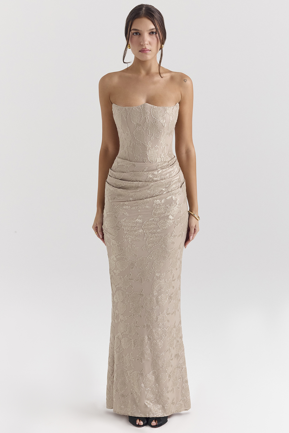 Persephone Pale Gold Chiffon Mesh Strapless Corset Maxi Dress