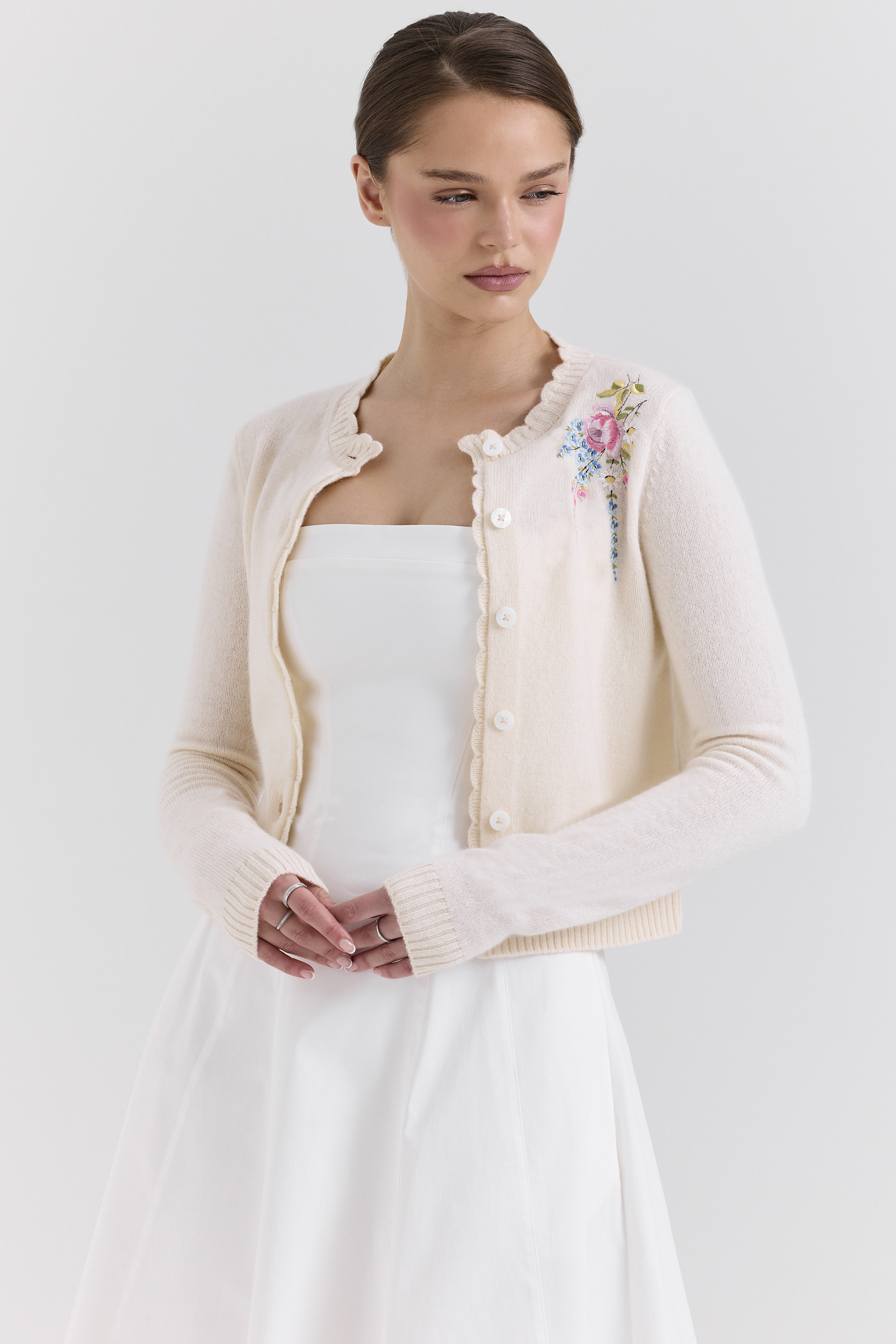 Anjou Cream Lambswool Floral Embroidered Cardigan