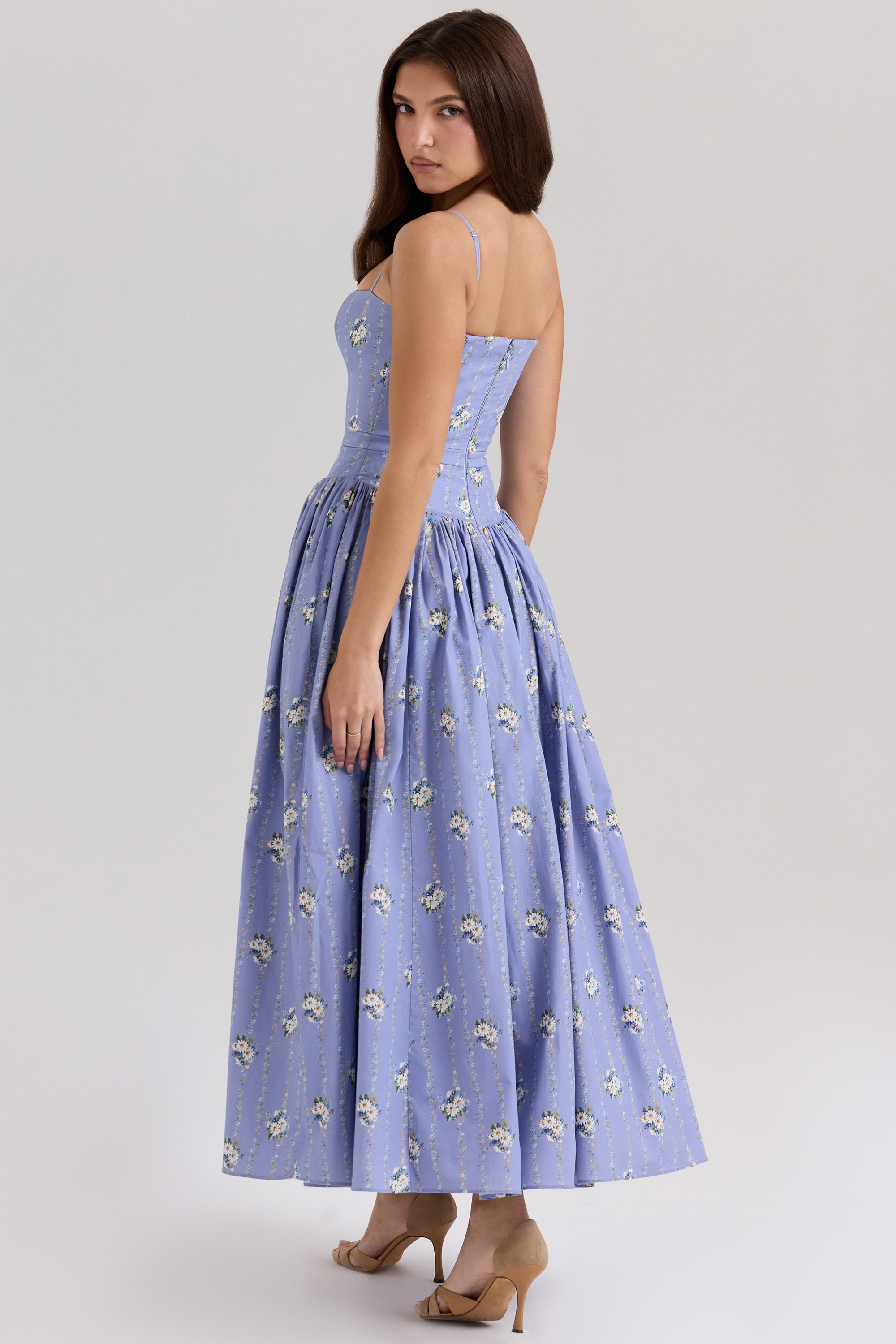 Ysabella Blue Daisy Print Stretch Cotton Midi Sundress