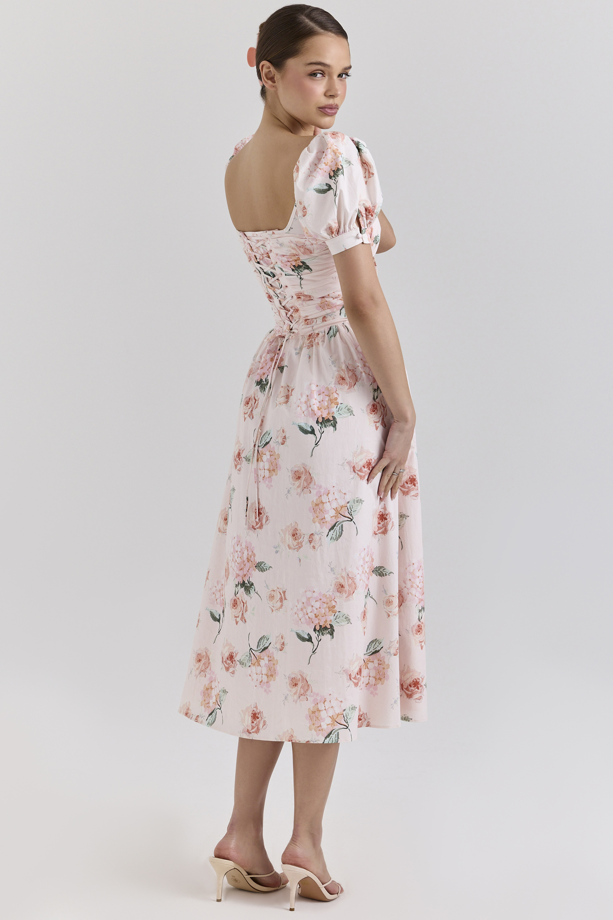 Lulabell Peach Floral Cotton Puff Sleeve Midi Dress