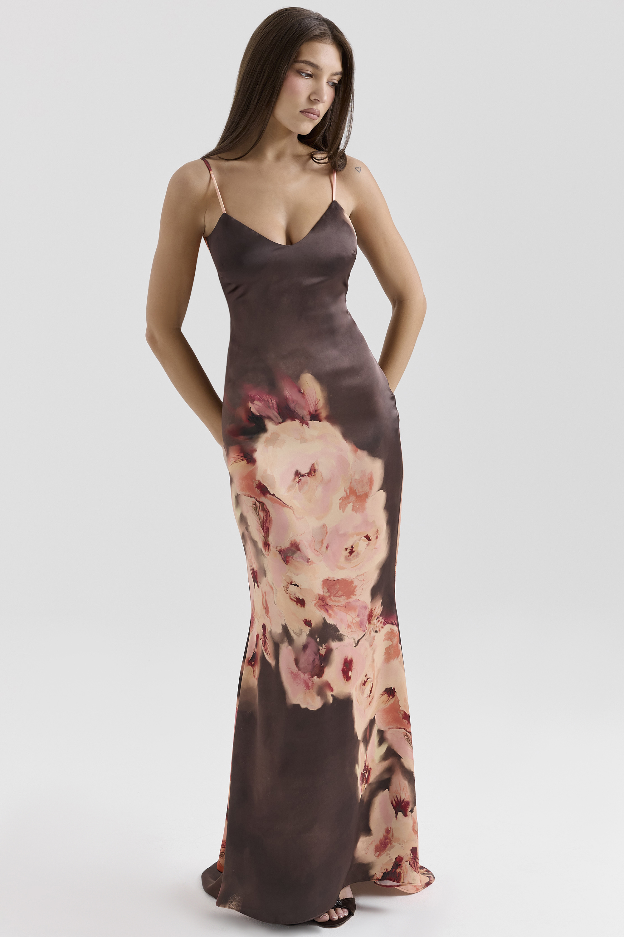Mariamma Dark Brown Floral Printed Satin Maxi Dress