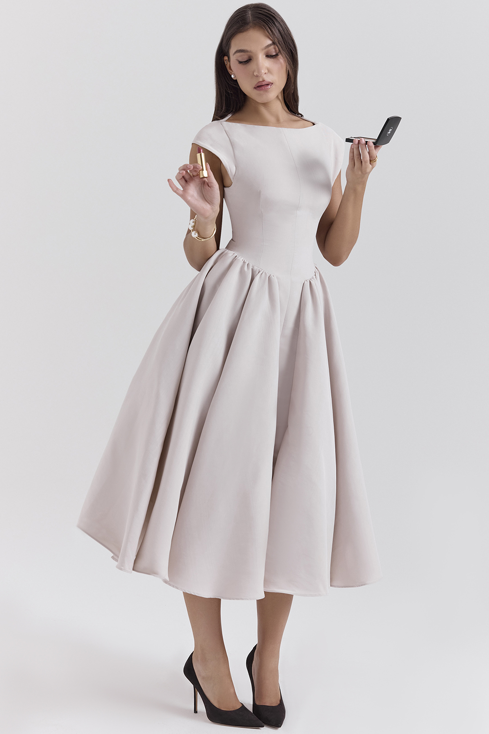 Debutante French Dove Moire Satin Backless Midi Dress