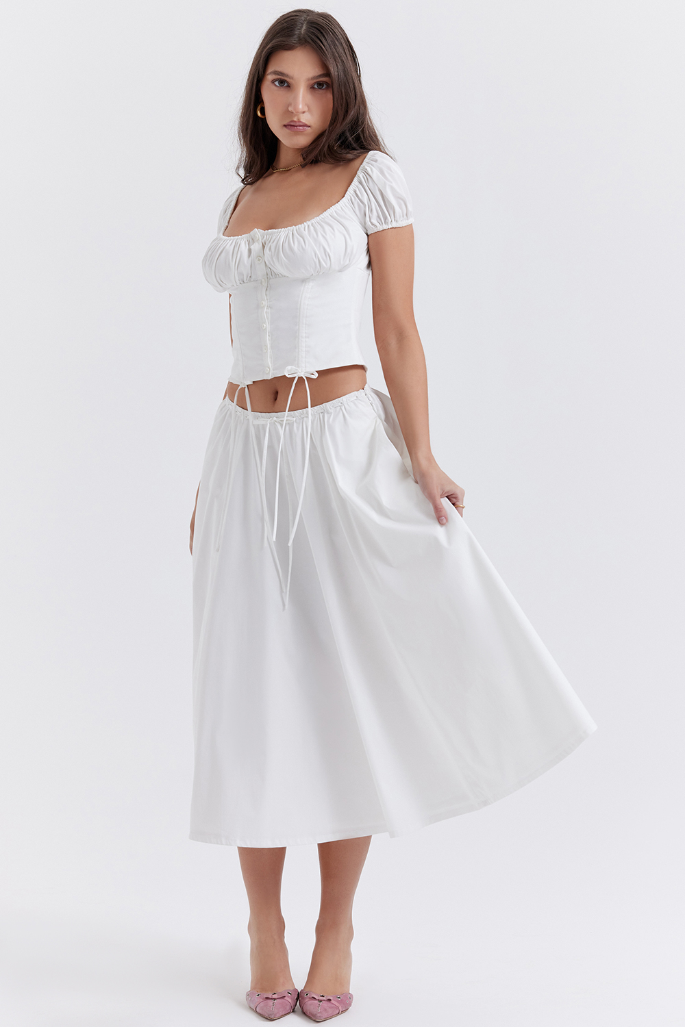 Cora White Gathered Midi Skirt