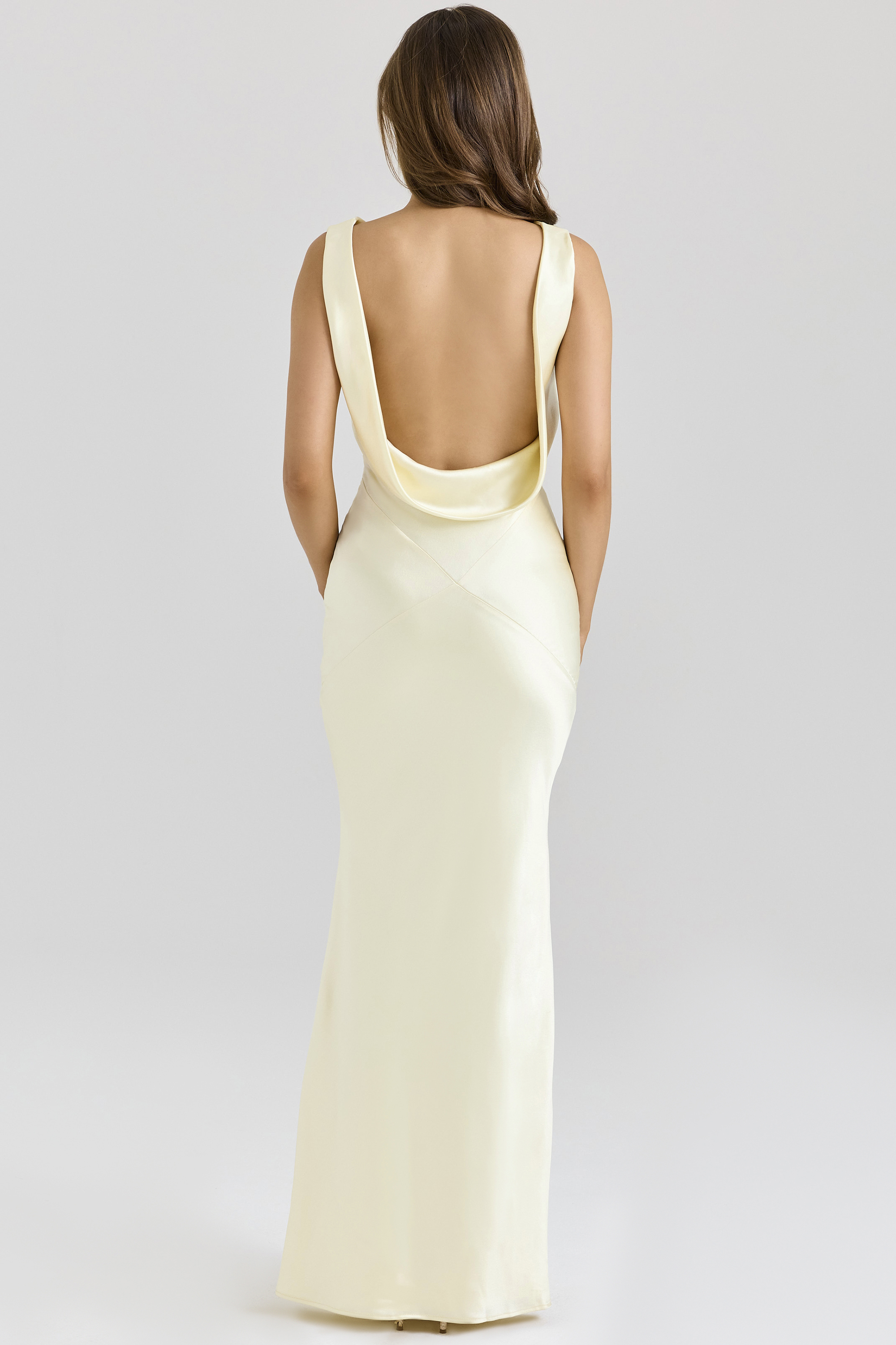 Safaira Buttermilk Satin Draped Cowl Neck Maxi Dress