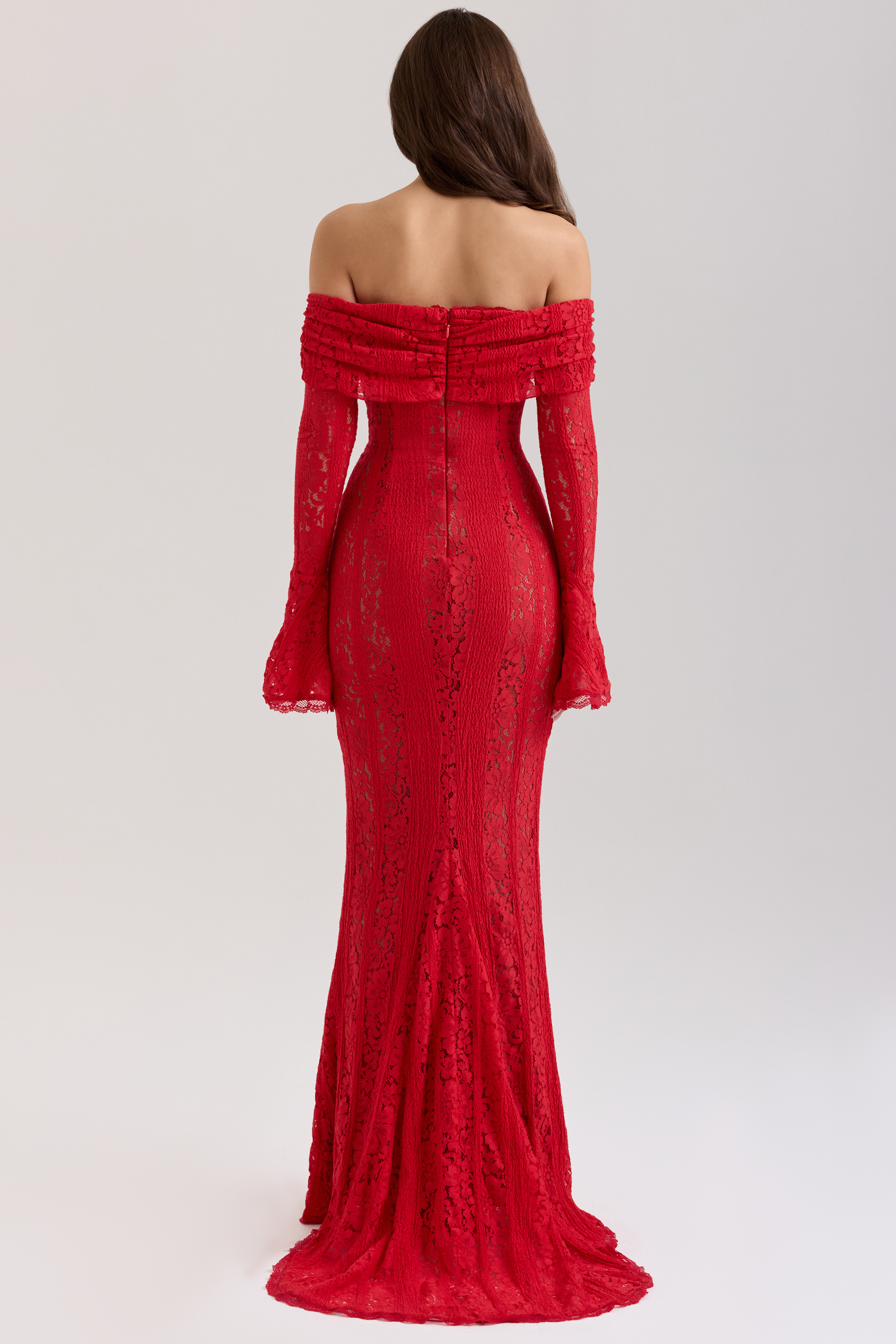 Belle Red Off Shoulder Floral Lace Maxi Dress