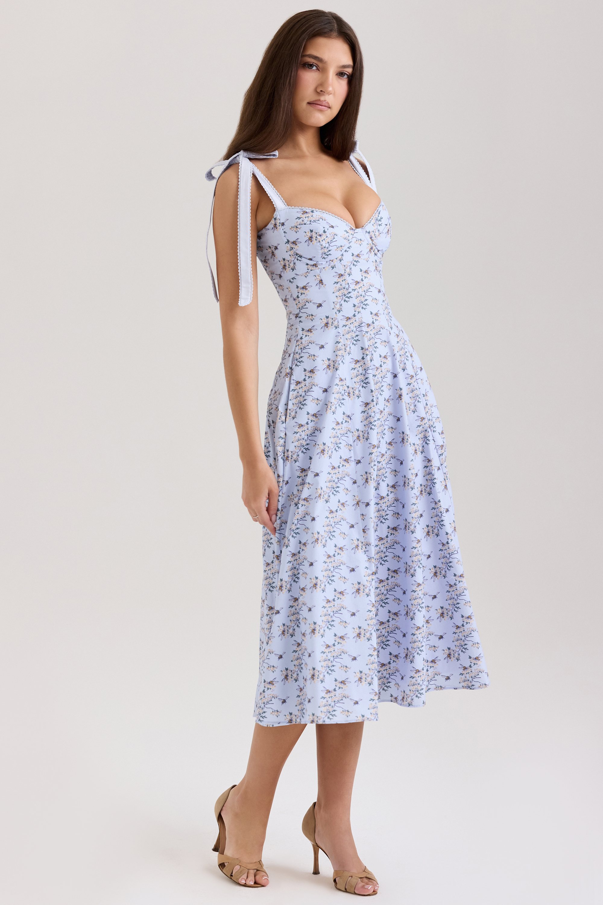 Emely Blue Floral Print Stretch Cotton Midi Sundress