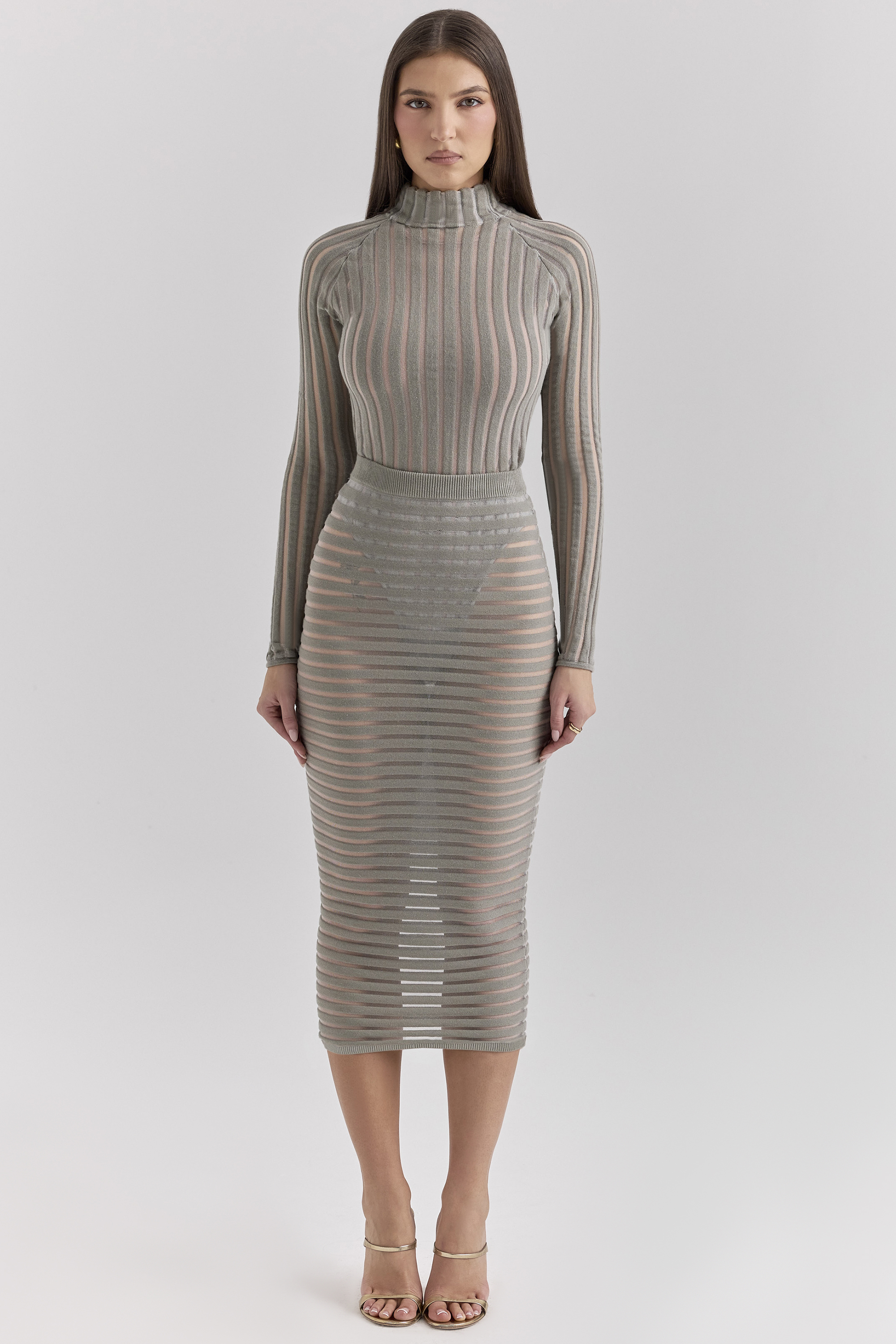 Rowena Grey Velour Sheer Striped Bodysuit