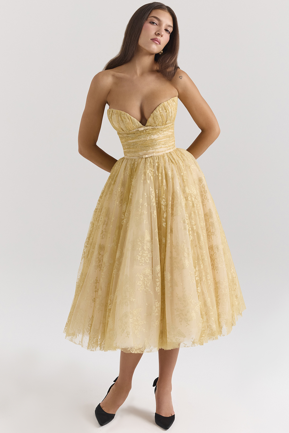 Madame Gold Metallic Lace Tulle Midi Gown