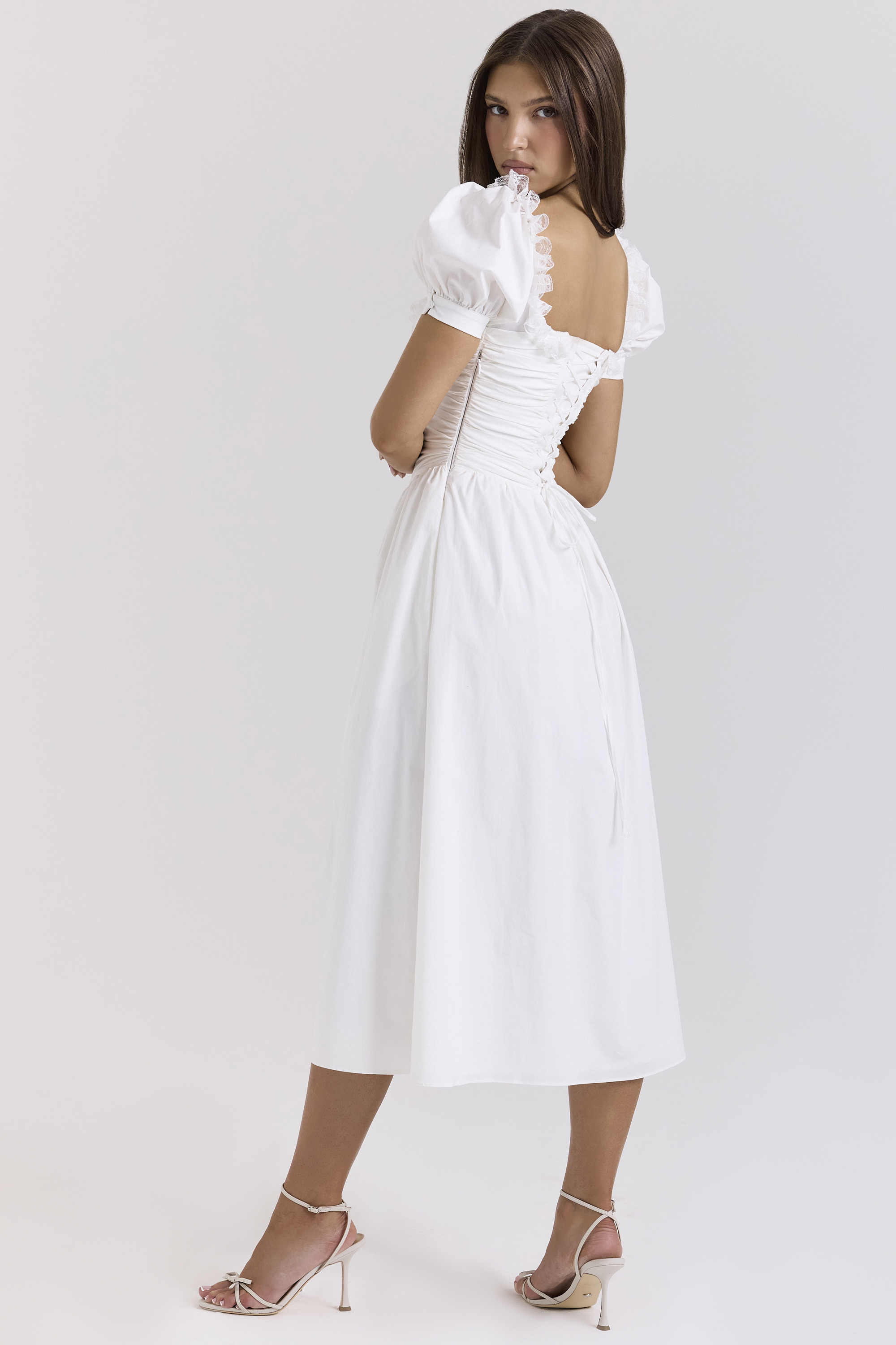 Lulabell White Stretch Cotton Puff Sleeve Midi Dress