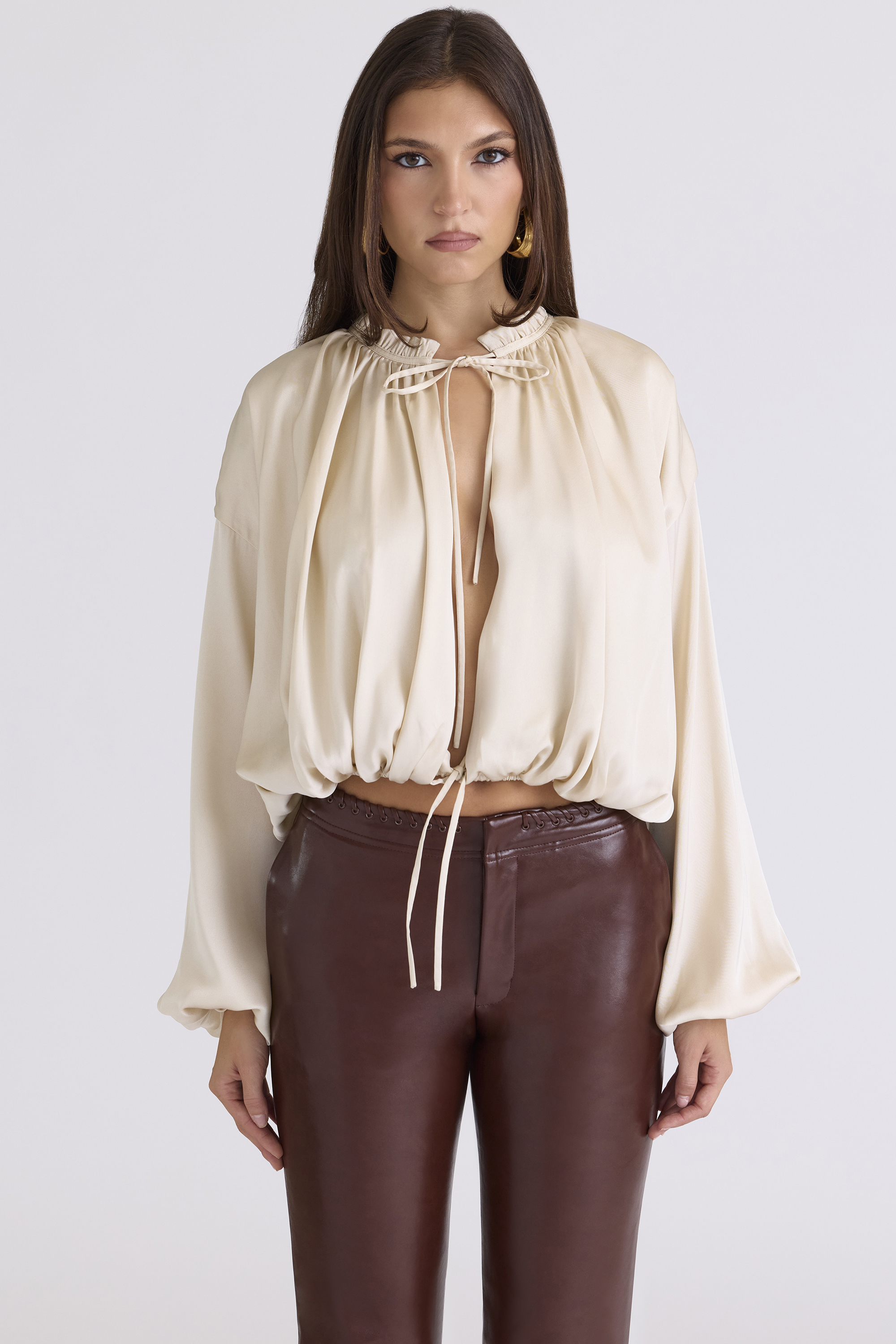 Talia Ecru Satin Open Front Blouse