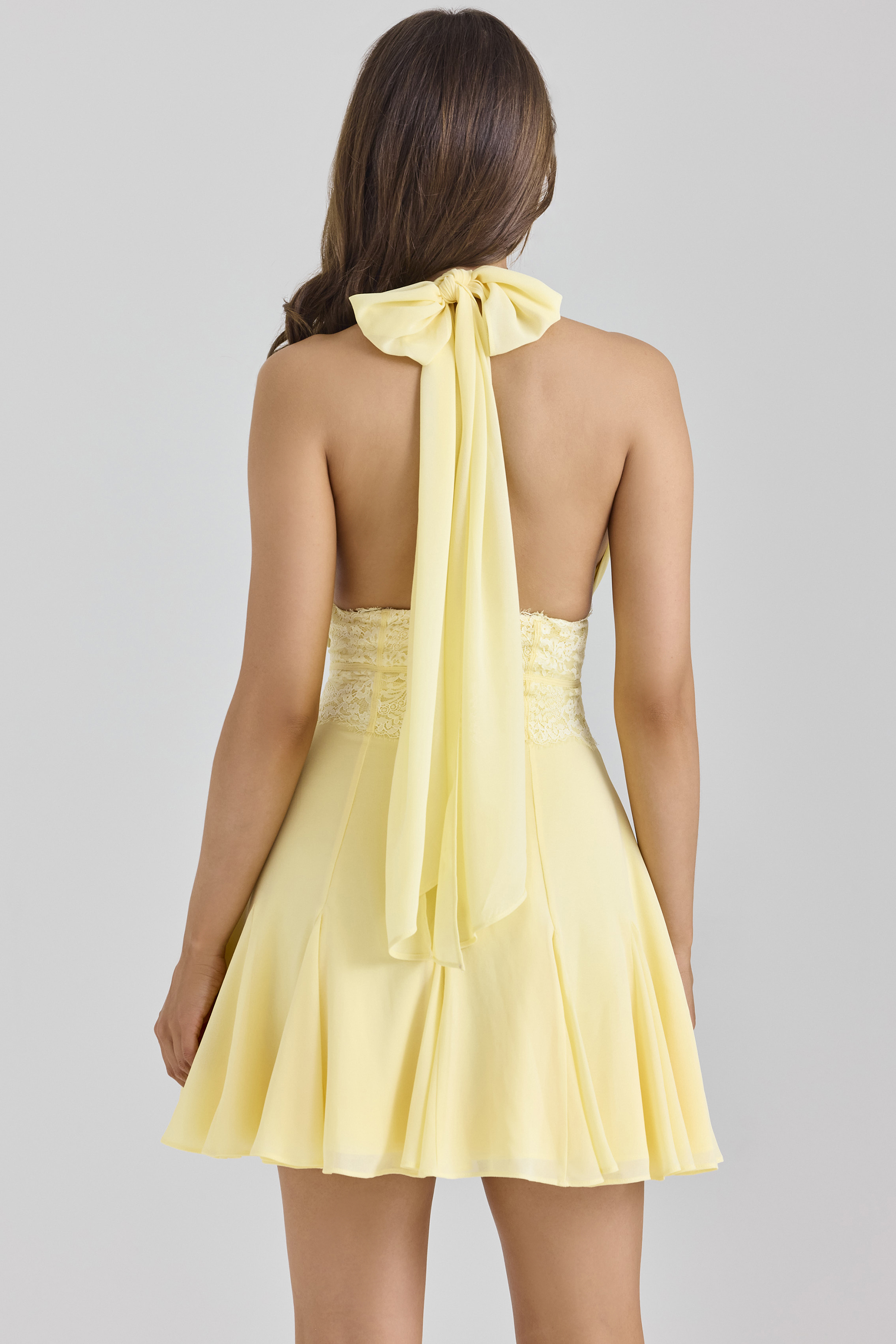 Ailani Butter Yellow Georgette Halter Neck Mini Dress
