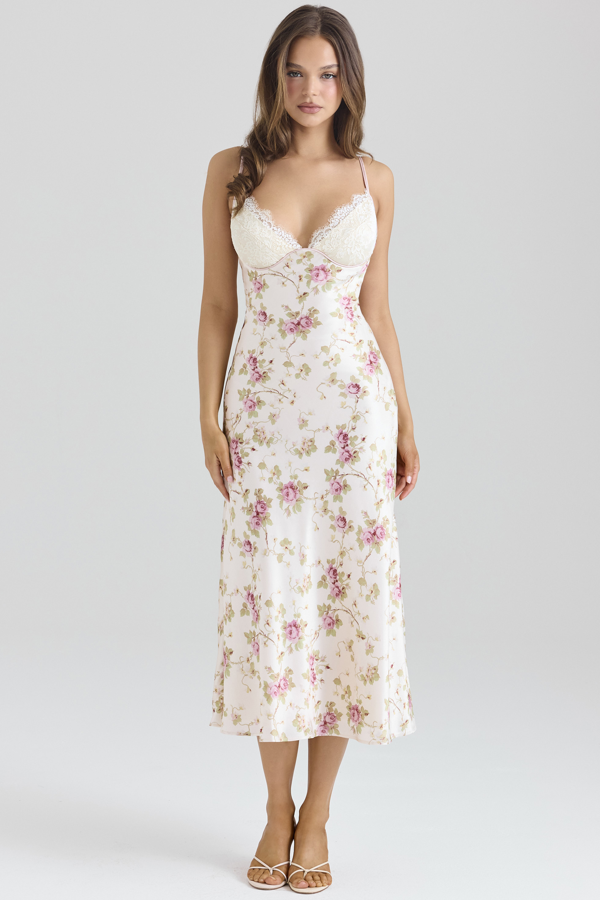 Felicity Ivory Floral Print Satin Bias Cut Midi Dress