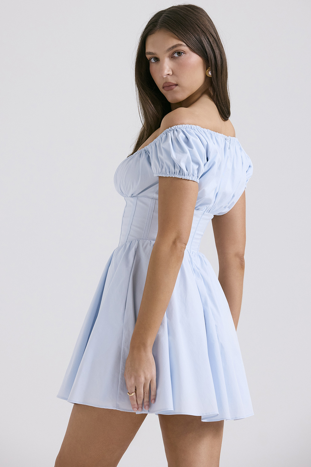 Nala Soft Blue Cotton Gathered Mini Dress