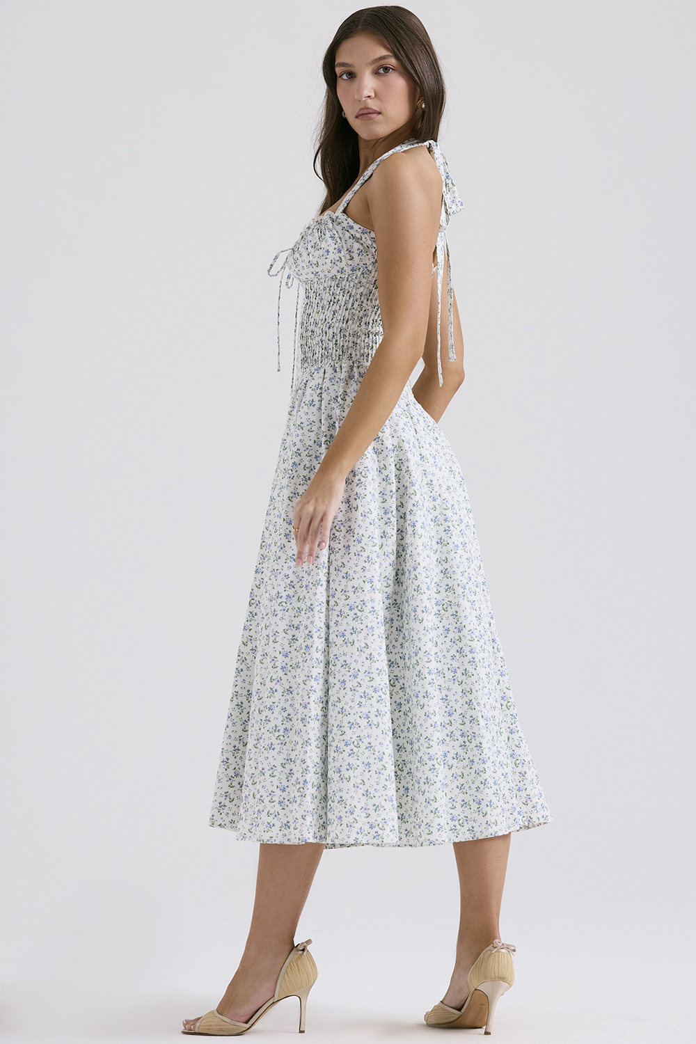 Adabella White Bluebell Print Cotton Halter Sundress