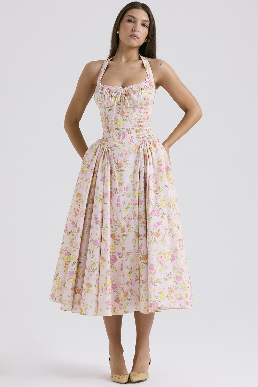 Adabella Pink Meadow Print Cotton Halter Midi Sundress