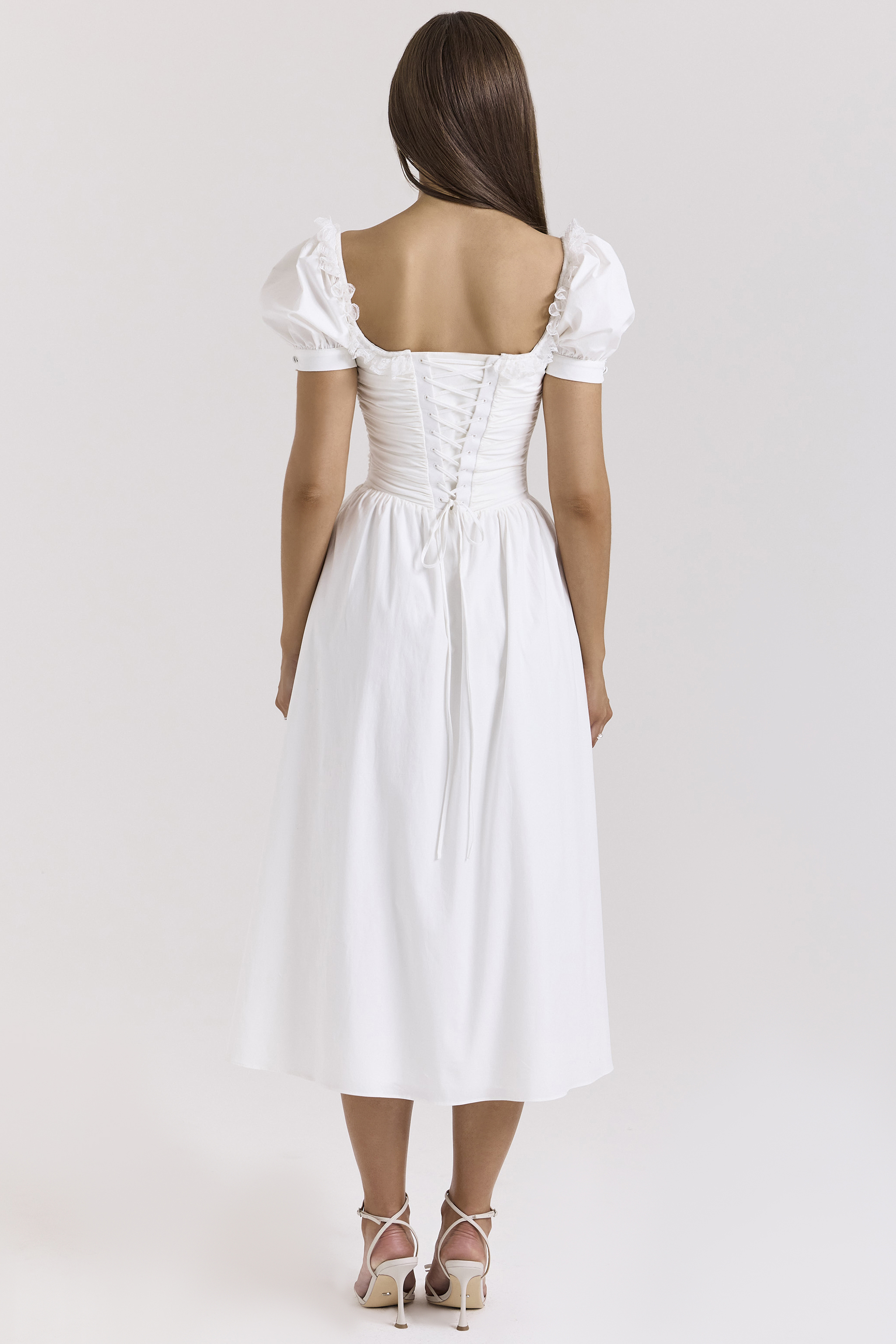 Lulabell White Stretch Cotton Puff Sleeve Midi Dress