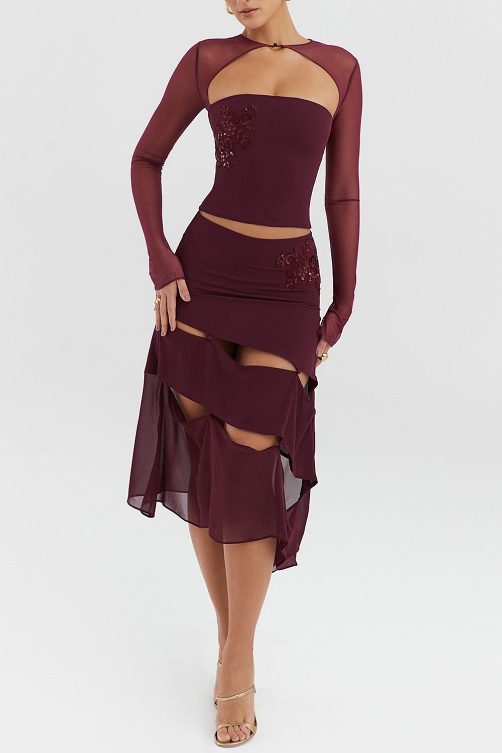 Mistress Rocks Black Cherry Embellished Midi Skirt - SALE