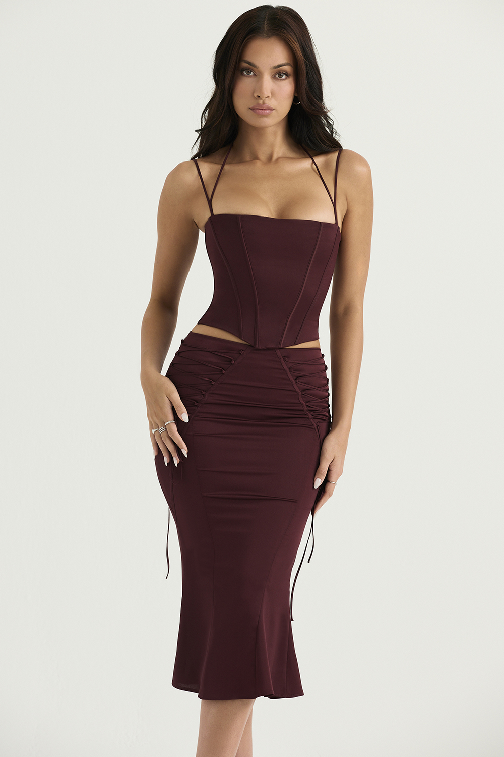 Sidonie Wine Satin Lace Up Midi Skirt
