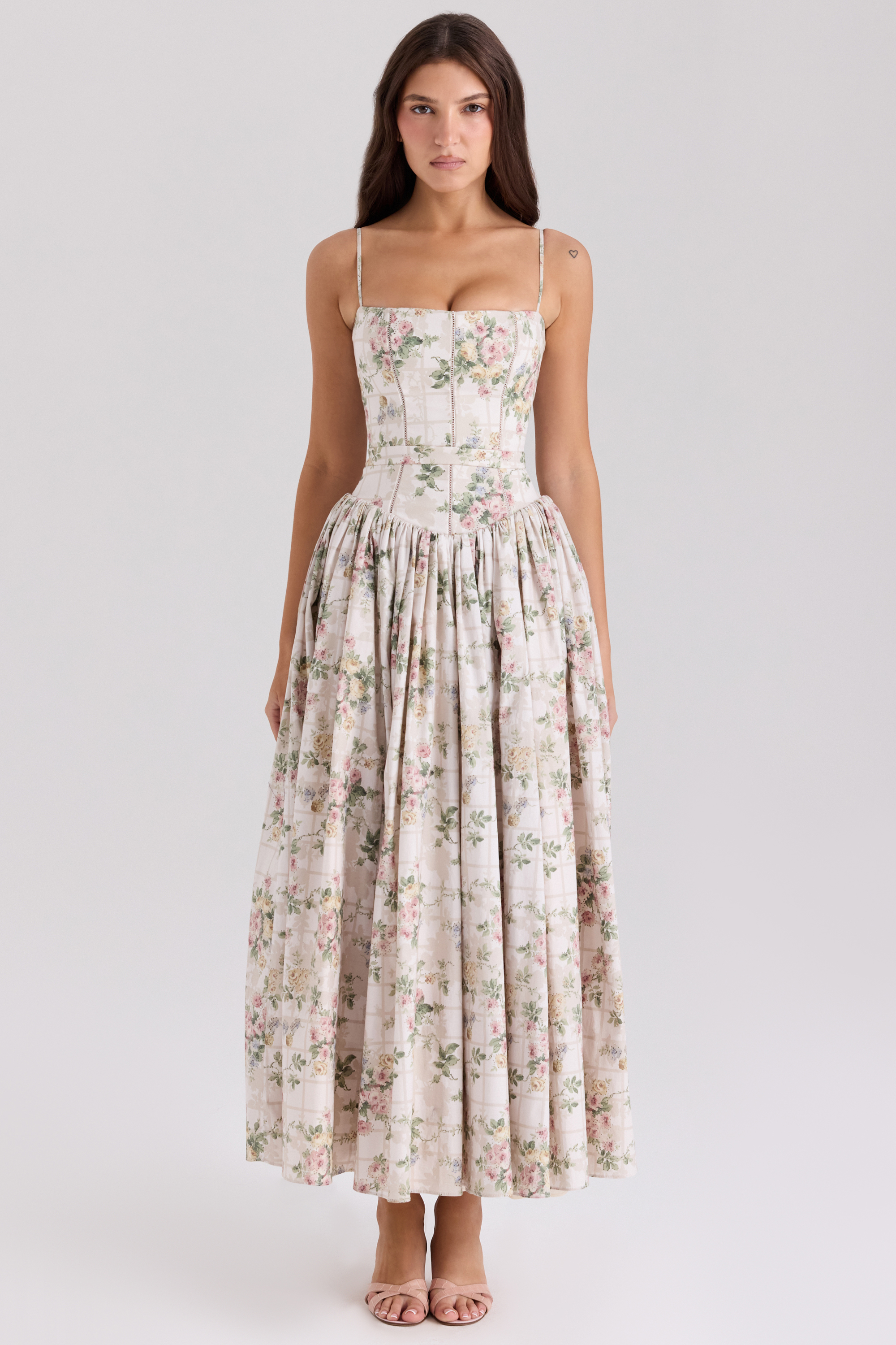 Ysabella Cream Floral Print Cotton Midi Sundress