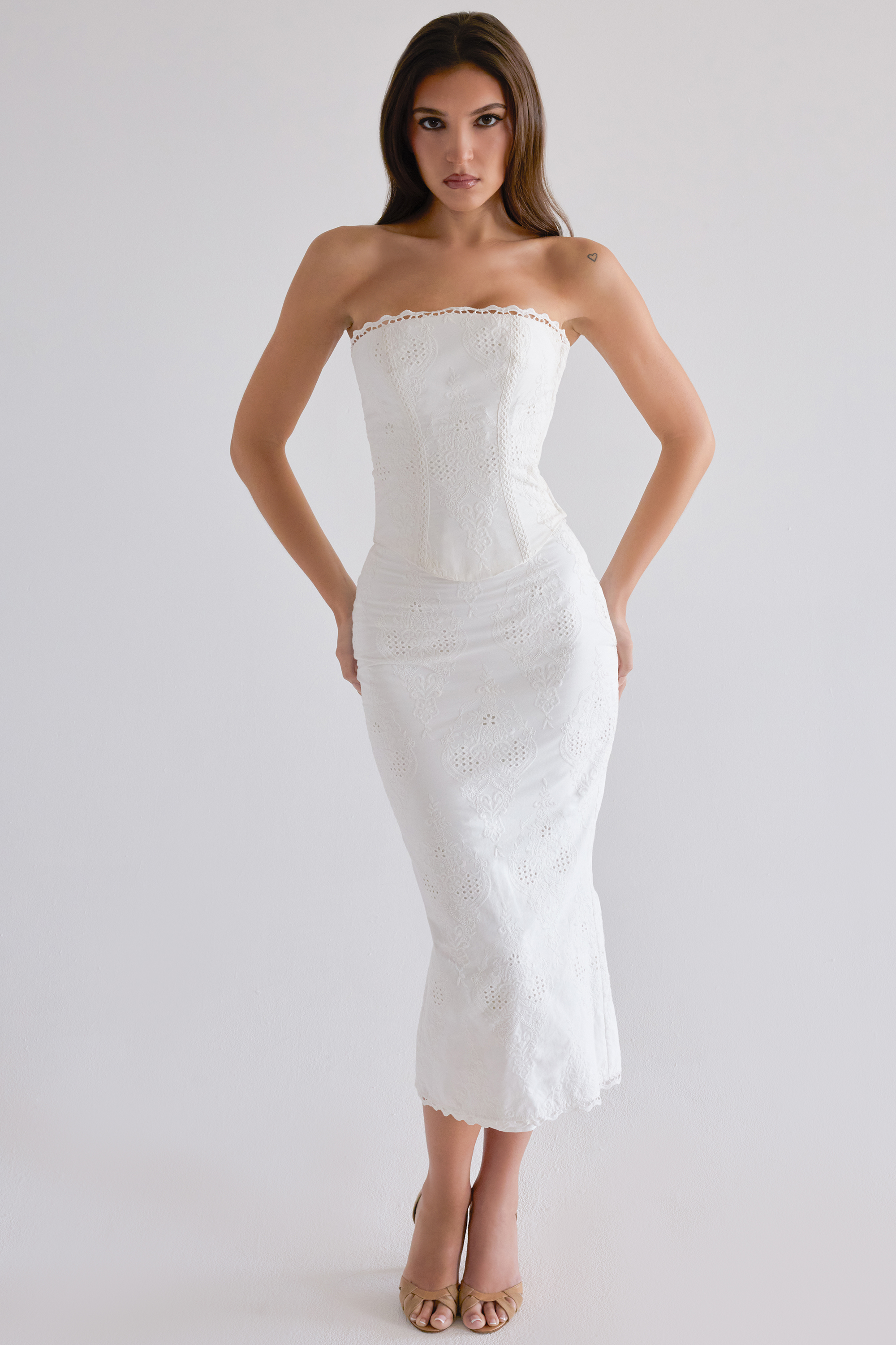 Antonie White Cotton Broderie Anglaise Midi Skirt