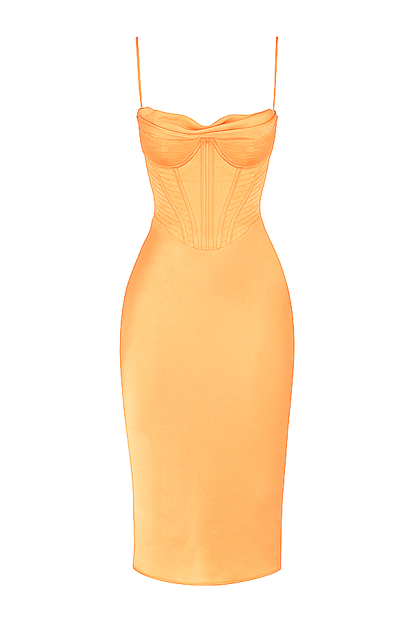 Myrna Tangerine Satin Corset Midi Dress